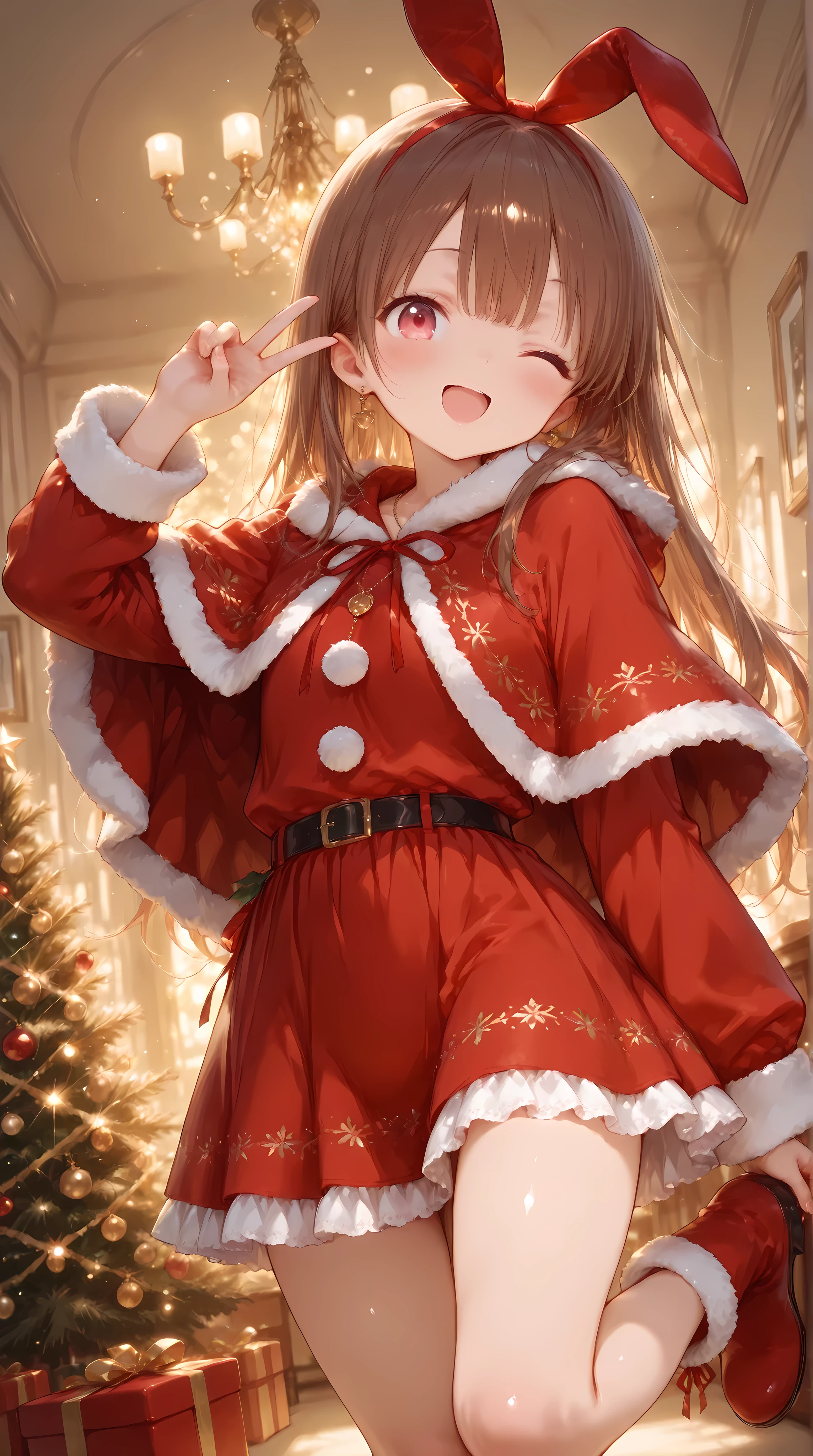 Shiny skin, Babe, character, meroko.
masterpiece, best quality, ultra detailed, high resolution, 8k, anime style, dynamic lighting, elaborate eye depiction, beautiful detailed eyes, a cute anime girl.
# body
very flat chest, skinny figure, slim waist, beautiful legs, long legs.
# hair
chestnut brown hair, wavy long hair, hair reaching shoulder blades, hair down, natural loose waves.
# eyes
pink eyes.
# expression
cheerful expression, joyful smile, open mouth smile, (playful wink:1.2), cheerful and energetic aura.
# accessories
red bunny ear headband.
right side adorned with a single white flower and a red ribbon decoration.
round pendant necklace.
long drop rabbit earrings.
# outfit
fur-trimmed Santa poncho cape.
fur-trimmed long-sleeve Santa top.
fur-trimmed Santa mini skirt.
fur-trimmed Santa boots.
# pose
standing on right leg.
right arm raised straight upward.
(left hand making a peace sign near the winking eye:1.3).
left leg bent and lifted up to waist height.
both legs slightly pigeon-toed.
# background
illuminated night Christmas tree, sparkling lights, warm festive atmosphere.
# composition
upper knee view.
# outline
fine line art, delicate line drawing, thin outlines, clean outlines, minimal noise.