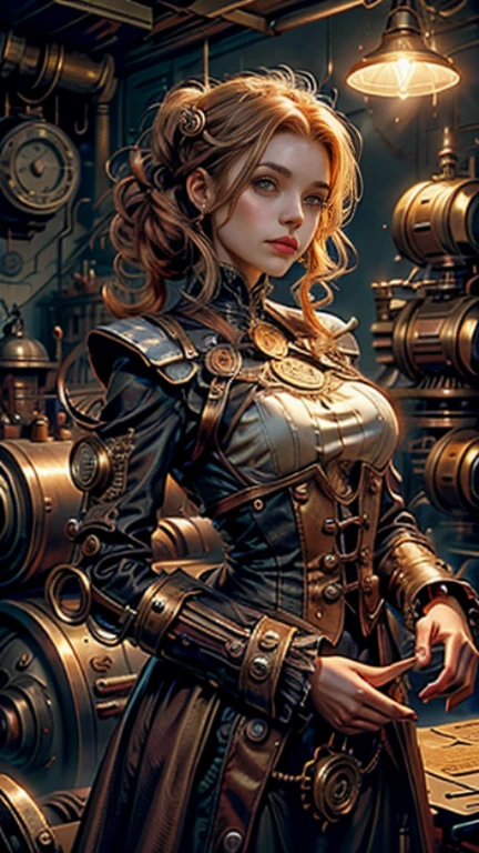 ((masutepiece)), (1girl in), (Steampunk Theme:1.5), (Mechanical elements:1.3), (goggles:1.2), (Inventor:1.1), (Engagement Expressions), (Active Pose), ((Highly detailed workshop background)), (Various gears:1.2), (Steam Power Machinery), (blueprint),(Flickering gas lamps:1.1), (Clockwork works),(Innovative:1.3),(Brass and copper tones) In the world of steampunk and innovation, Talented female inventor standing in a bustling workshop. She wears goggles, Rest on her forehead, Emphasize curious eyes full of determination. Her costumes are decorated with mechanical elements and brass accents, Reflecting passion for invention. She takes an active pose, Adjust complex gear systems with one hand、one fang、Sketch a new idea on parchment.