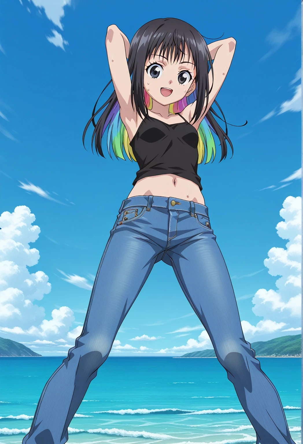 score_9, score_8_up, score_7_up, source_anime, highres, hi res, ((best quality, top quality, perfect quality, Highest Quality, amazing quality)), {{masterpiece}}, {{an extremely delicate and beautiful}}, 2d, intricate details, official style, anime, 8k, anime style, official_anime, official art, digital painting, cell shading, soft shading, high resolution, soothing tones, Subdued Color, Soft cinematic light, adobe lightroom, photolab, HDR, intricately and hyper-detailed, ((high quality animation)), 1 girl, Alone, solo, ((ocean)), tsunami, on the water, day, sunny, outdoors, sky, windy, Nanairo Multi, Beyblade X, black eyes, black hair, rainbow hair, multicolored hair, long hair, anime coloring, anime screencap, small breasts, black camisole top, crop top, black crop top, best quality, hyper-detailed jeans, ((blue jeans:1.9)), (dark blue jeans:0.6), medium body, medium shot, Open mouth, small smile, sweat, standing, hyper-detailed arms, ((arms behind head:6.0)), ((perfect arm line:3.5)), ((hyper-detailed arms:2.5)), balance arm, raise elbows, bowlegged, natural stand pose, action, looking at viewer, spread legs, Bend knees slightly, from below