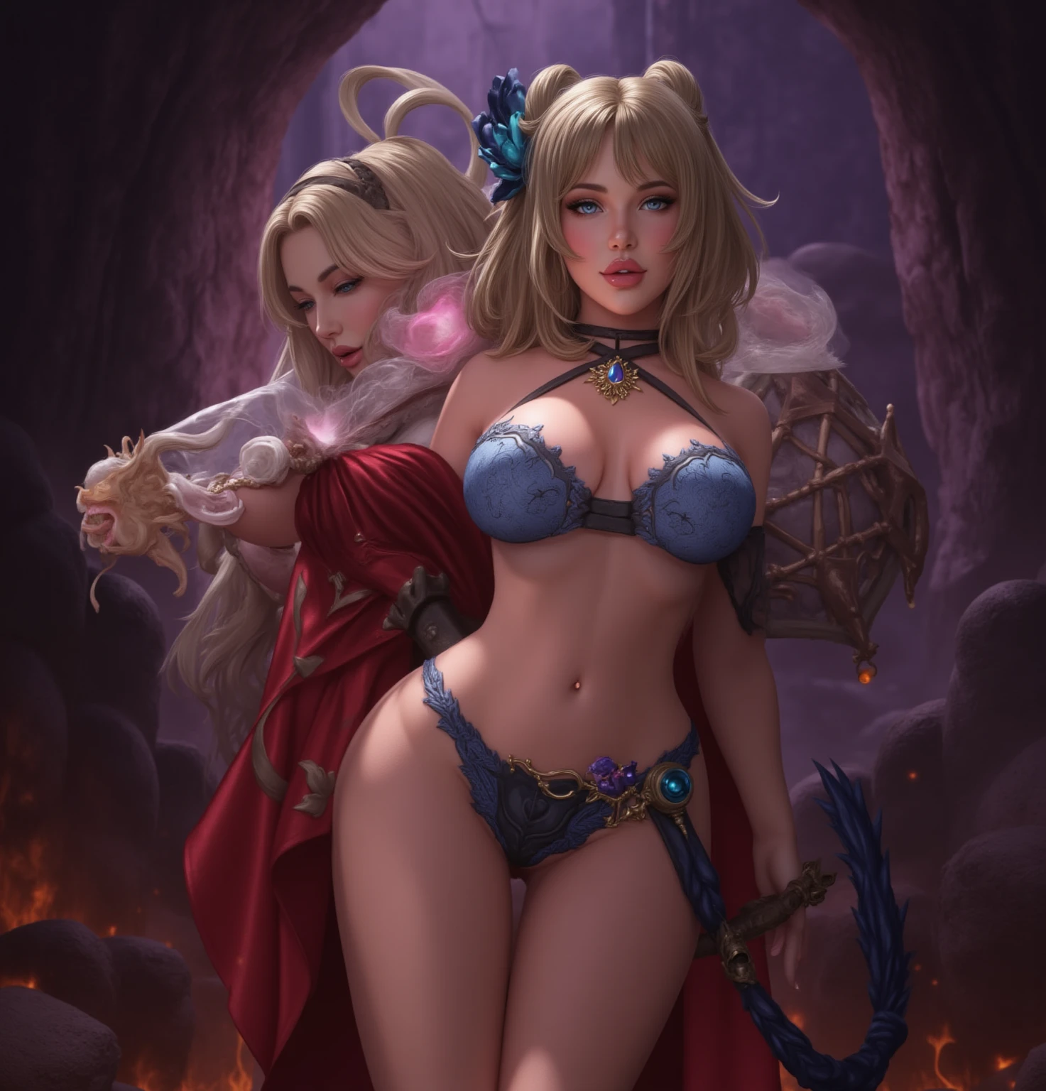 nina2, ((long blonde hair, ponytail, bangs, glowing blue eyes, makeup, narrow waist, skinny, medium breasts)), pelvic curtain, ((blue panties, blue bra)), full body, perfect body, (insanely detailed, beautiful detailed face, masterpiece, best quality) , (((solo))), (((1girl))), (((mature))), (extremely detailed 8k paper CG wall unit: 1.1), (moon, fullmoon, temple), (smile face for the viewer), ass, looking back, from behind,