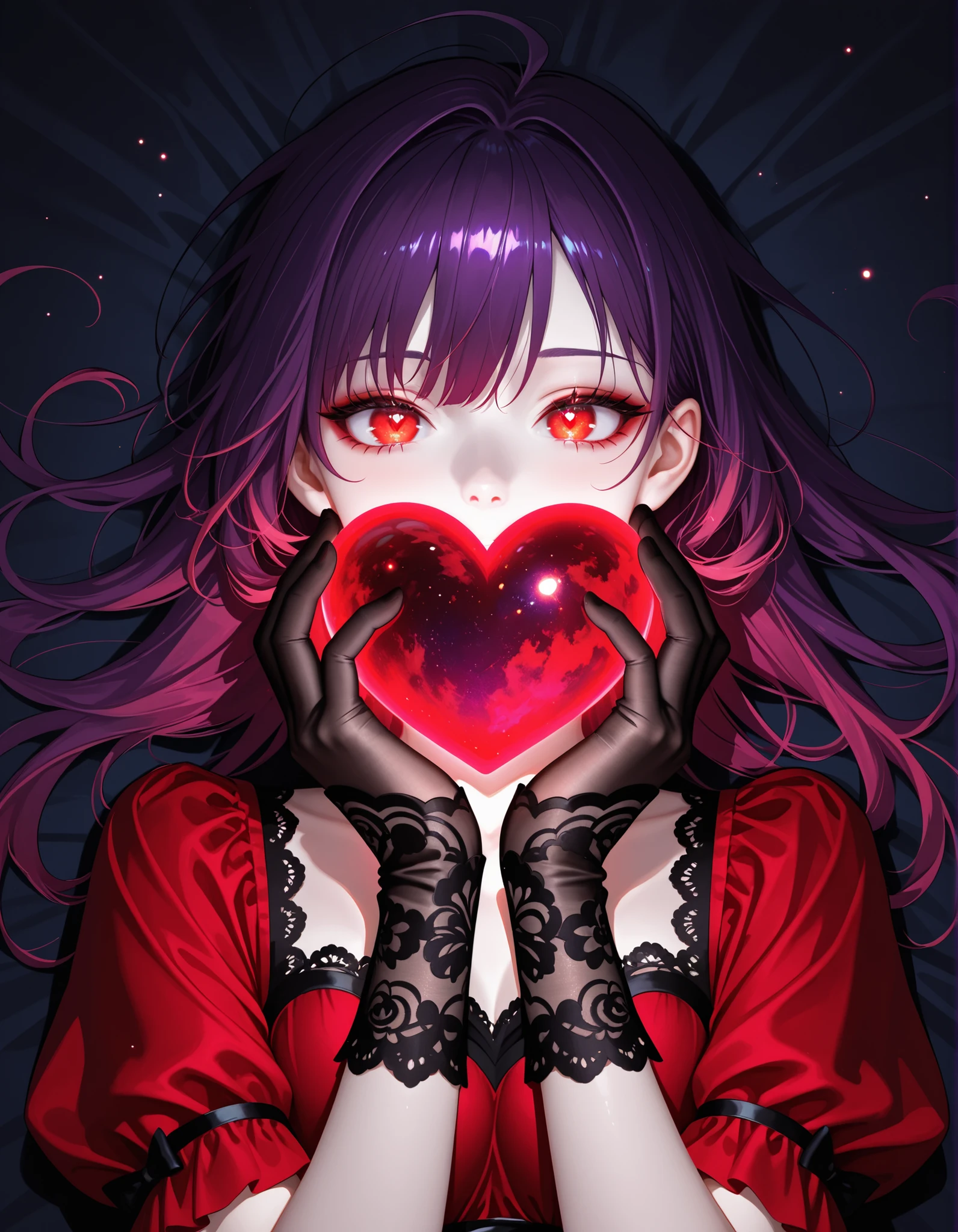 1girl, red_eyed_demoness, anime_style, flat_color_style, from front, chest-up composition, upper body, high_angle, open_palm_hand, black_lace_gloves_wrist_length, smooth_pale_skin, floating red heart-shaped human soul, pale_red_glowing_sphere, swirling_light_particles, dark_background, blurred_purple_velvet_drapery, red_rim_light_from_outside, soul_trading_scene, magical_transaction, high_quality_anime_art,