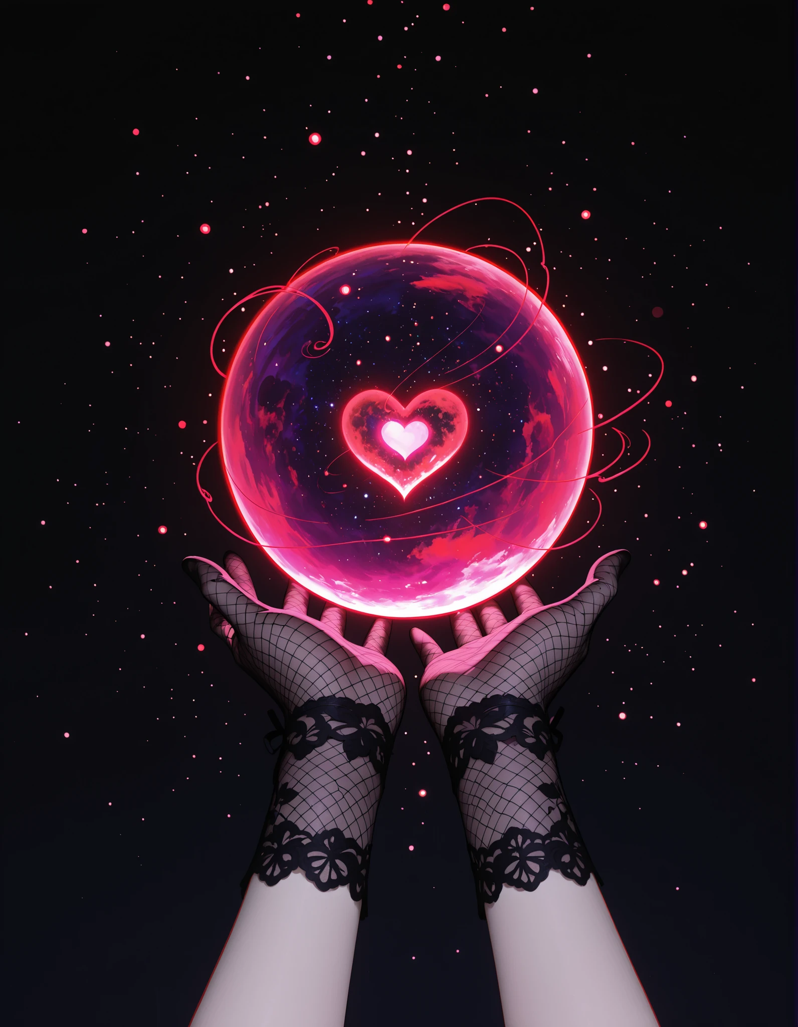 1girl, red eyed demoness, anime style, flat color style, from front, chest-up composition, upper body, high angle, open palm hand, black lace gloves wrist length, smooth pale skin, floating red heart-shaped human soul, pale red glowing sphere, swirling light particles, dark background, blurred purple velvet drapery, red rim light from outside, soul trading scene, magical transaction, high quality anime art, 
