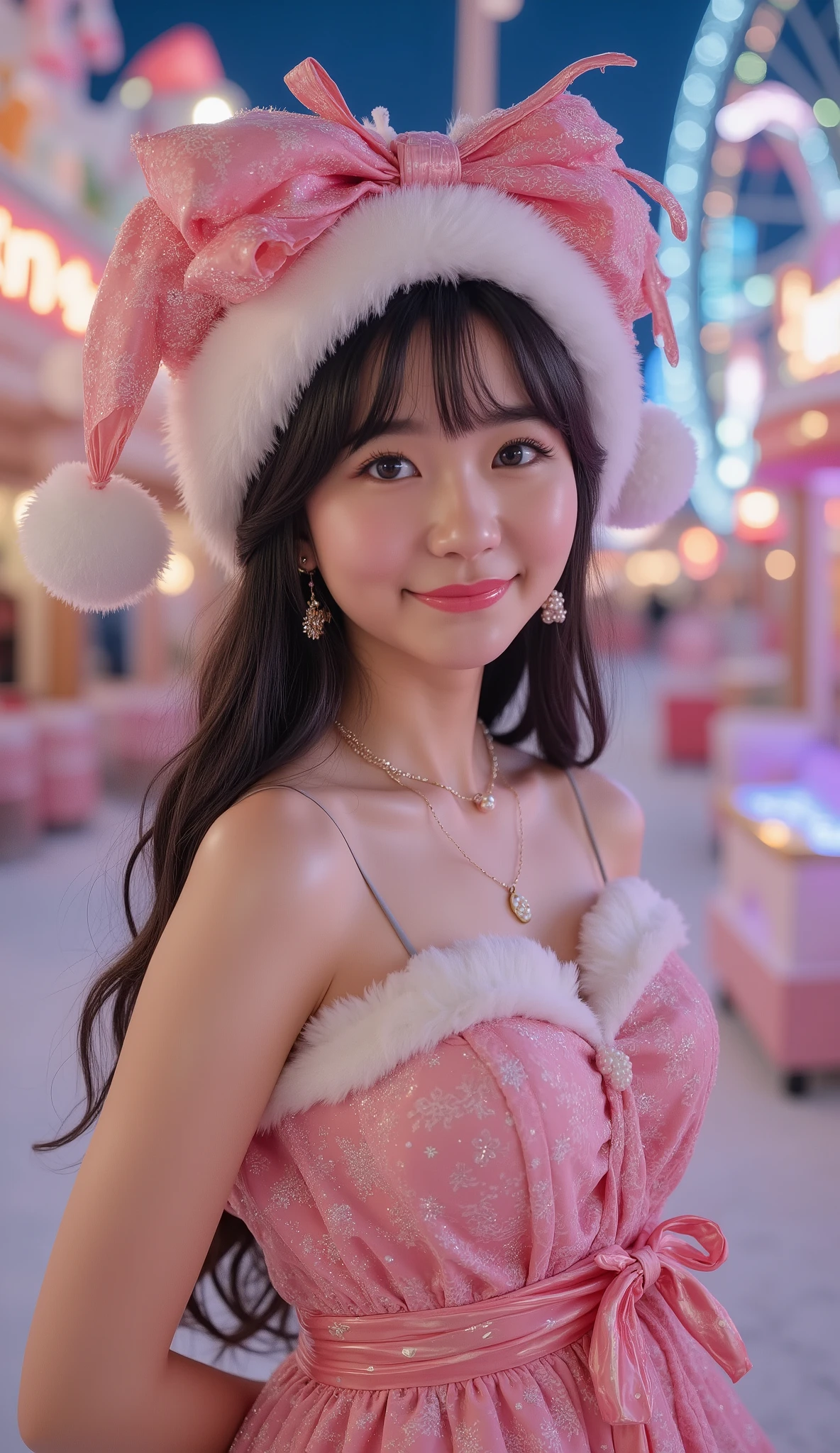 rinon ohshima, adorable Asian model, big breasts, perfect hands,
ultra-buriburi, over-the-top sweet Christmas Santa girl,
soft shy smile, sparkling innocent expression, burikko charm.
She lifts both arms and places her hands behind her head,
cute armpit-showing pose, elbows up, innocent playful mood.
Long flowing black hair with oversized pastel-red bows, glossy pink ribbons, fluffy pompoms, pearls, candy-cane charms.
Wearing a hyper-frilly sleeveless Santa dress with huge bows, multi-layered skirt, fluffy fur trim,
glittering lace, pastel-red and pink color scheme, maximalist Christmas sweetness, dazzling holiday details.
Maximalist Santa hat with ribbons, lace stacks, pearls, fur, tiny Christmas ornaments.
Background:A whimsical Christmas candy amusement park
A giant candy-cane roller coaster looping through the snowy night sky,
floating macaron Ferris wheel, glowing gumdrop lights,
cotton-candy clouds drifting slowly, magical holiday carnival atmosphere.
ultra-high-resolution, cinematic softness, dreamy aesthetic,
fantasy illumination, kawaii Christmas energy, SeaArt style, Flux detail sharpness,
Midjourney V6 friendly, --ar 2:3, hyper-cute detailing, vibrant but soft color harmony.
