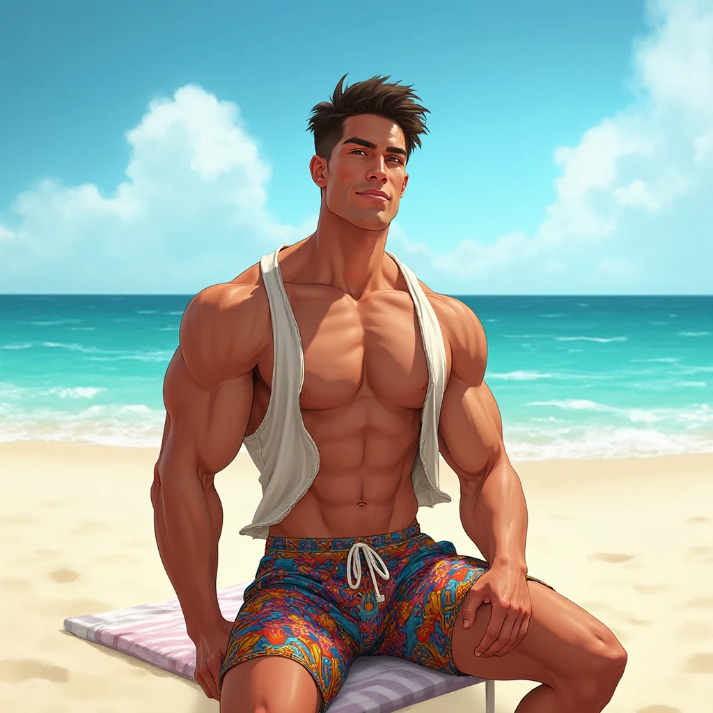 1 male, tall body, stronger body, black hair, short hair, natural face, Sharp eyes, eagle eyes, cute lips, ignore face, charming, fresh, looking at viewer, thick neck, standing pose, sea background 