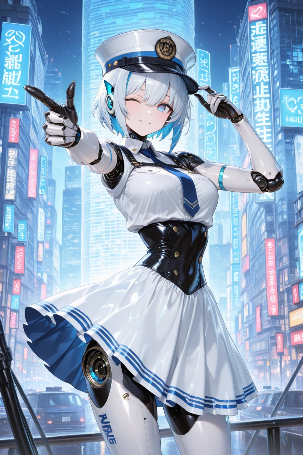  (cityscape:1.2), , (Face of love, I'm so happy:1.5), (mecha musume, cyborg girl), teen, stylish angle, stylish pose, (headphone, mechanical fuselage, mechanical clothing), looking at the viewer, bangs cut off, blue , plastic corset, Beautiful light effect, glowing skin, (Furisode, removable long sleeves, very wide sleeve:1.2), (caution decal, corporate logotype:1.5), (small open mouth:0.8), 
