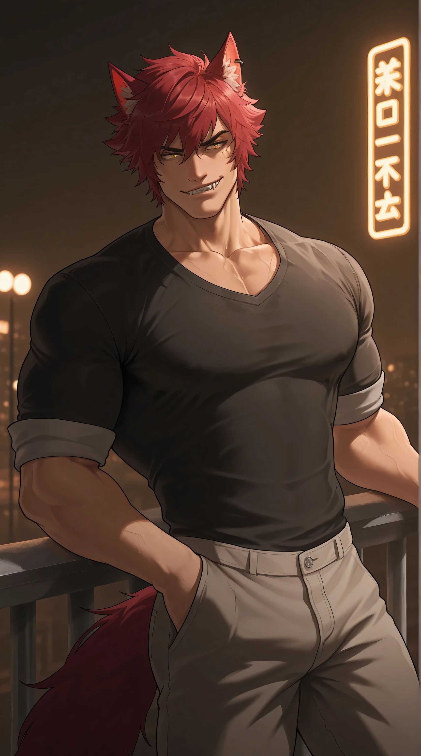 1man, Sett from League of Legends, wolf ears and tail, short messy red hair, sharp masculine jawline, intense detailed yellow eyes, confident seductive gaze.
Wearing a fitted black shirt with rolled-up sleeves, slightly open at the chest, casual but dominant look.
Pose: leaning back against the balcony railing with arms crossed, one leg bent slightly, head tilted down with a faint smirk, relaxed yet powerful posture.
Background: nighttime city skyline with neon lights and soft haze, reflections of blue and orange tones on his shirt, cool rim light from behind outlining his silhouette.
Style: anime, cinematic lighting, ultra-detailed anatomy and fabric, soft glow, clean shading, masterpiece, HD