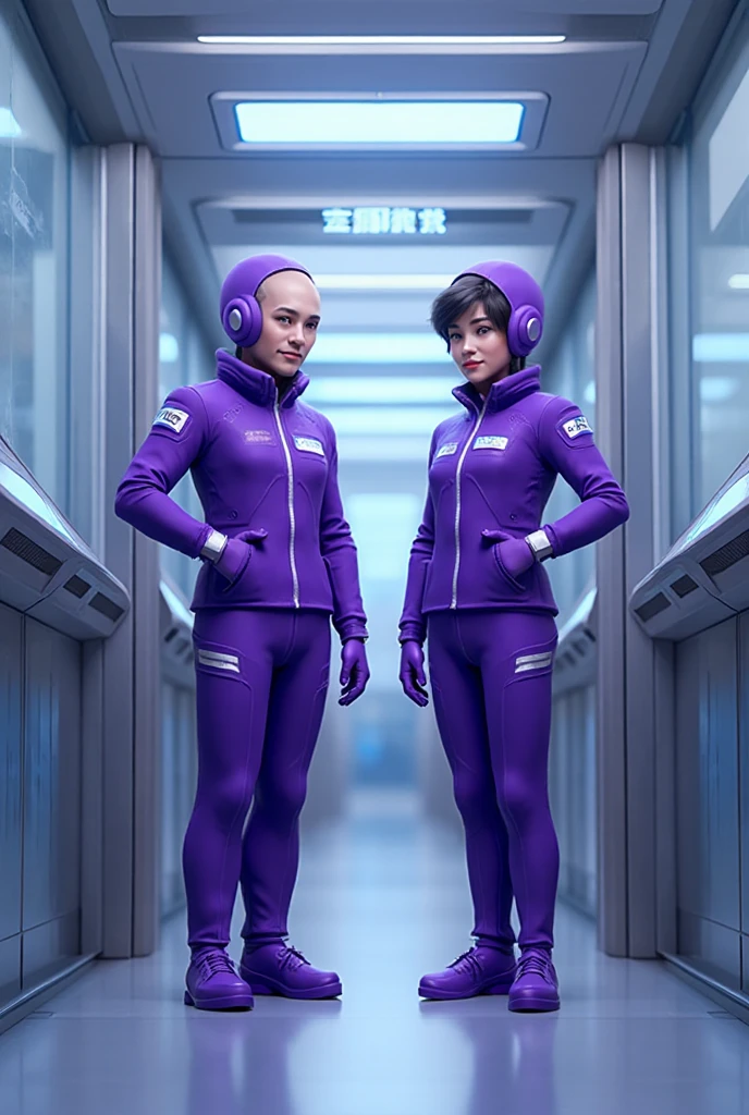 Wearing large pink rubber gloves and white rubber boots、Two Japanese brunette  in blue long sleeve jumpsuits cleaning a dirty public toilet in a park with a friendly smile