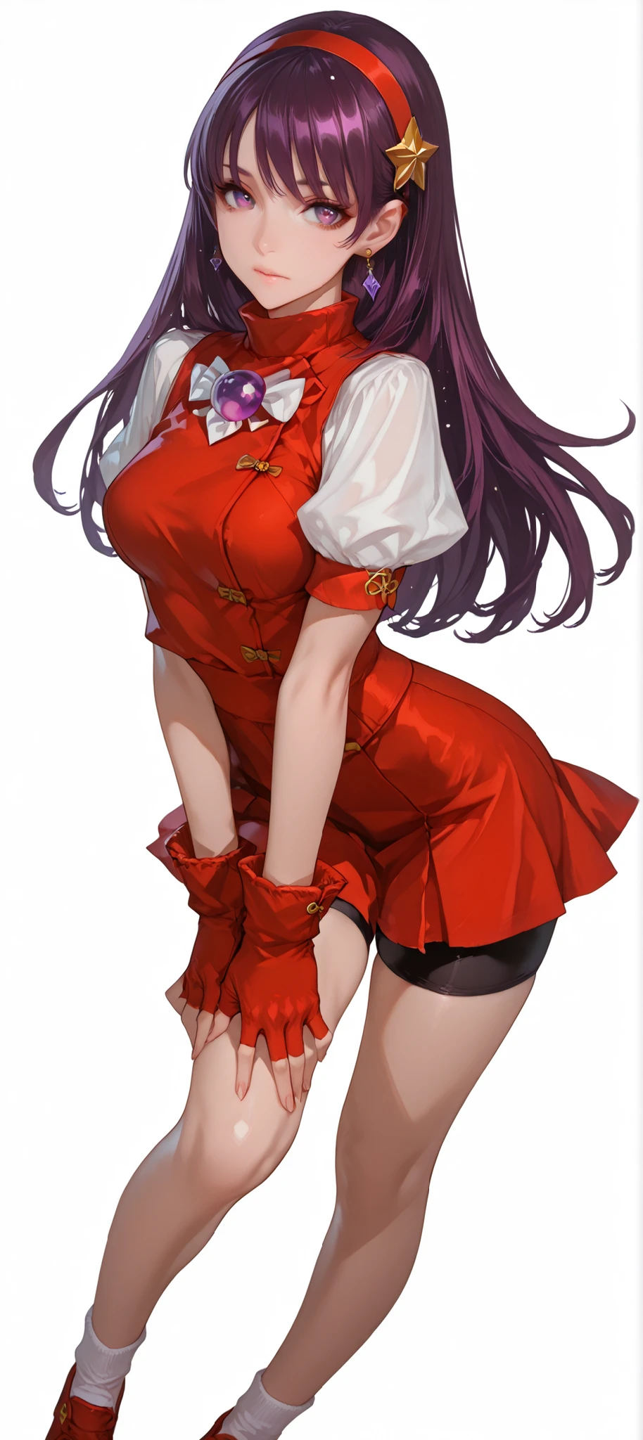 ( She doesn't look at the viewer )), ((Simple Background)), intricate details, High quality, aesthetic, ultra detailed, ((masterpiece, detailed:1.2), ((knee-deep dramatic image)), Fantasy eyes, medium breasts, body fit, soft curves, 1girl, asamiya athena, purple eyes, purple hair, long hair, red hairband, earrings, red vest, red skirt, bike shorts, gloves, red gloves, fingerless gloves, white socks, red shoes,standing, pose, better angle, perspective,