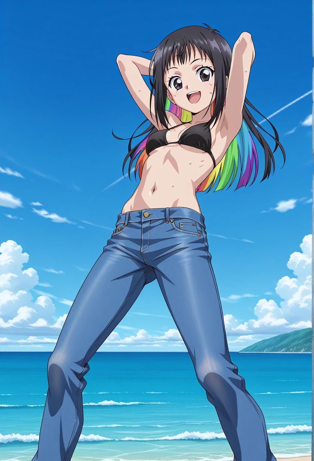 score_9, score_8_up, score_7_up, source_anime, highres, hi res, ((best quality, top quality, perfect quality, Highest Quality, amazing quality)), {{masterpiece}}, {{an extremely delicate and beautiful}}, 2d, intricate details, official style, anime, 8k, anime style, official_anime, official art, digital painting, cell shading, soft shading, high resolution, soothing tones, Subdued Color, Soft cinematic light, adobe lightroom, photolab, HDR, intricately and hyper-detailed, ((high quality animation)), 1 girl, Alone, solo, ((ocean)), tsunami, on the water, day, sunny, outdoors, sky, windy, Nanairo Multi, Beyblade X, black eyes, black hair, rainbow hair, multicolored hair, long hair, anime coloring, anime screencap, small breasts, black bikini top, best quality, hyper-detailed jeans, ((blue jeans:1.9)), (dark blue jeans:0.6), medium body, medium shot, Open mouth, small smile, sweat, standing, hyper-detailed arms, ((arms behind head:6.0)), ((perfect arm line:3.5)), ((hyper-detailed arms:2.5)), balance arm, raise elbows, bowlegged, natural stand pose, action, looking at viewer, spread legs, Bend knees slightly, from below