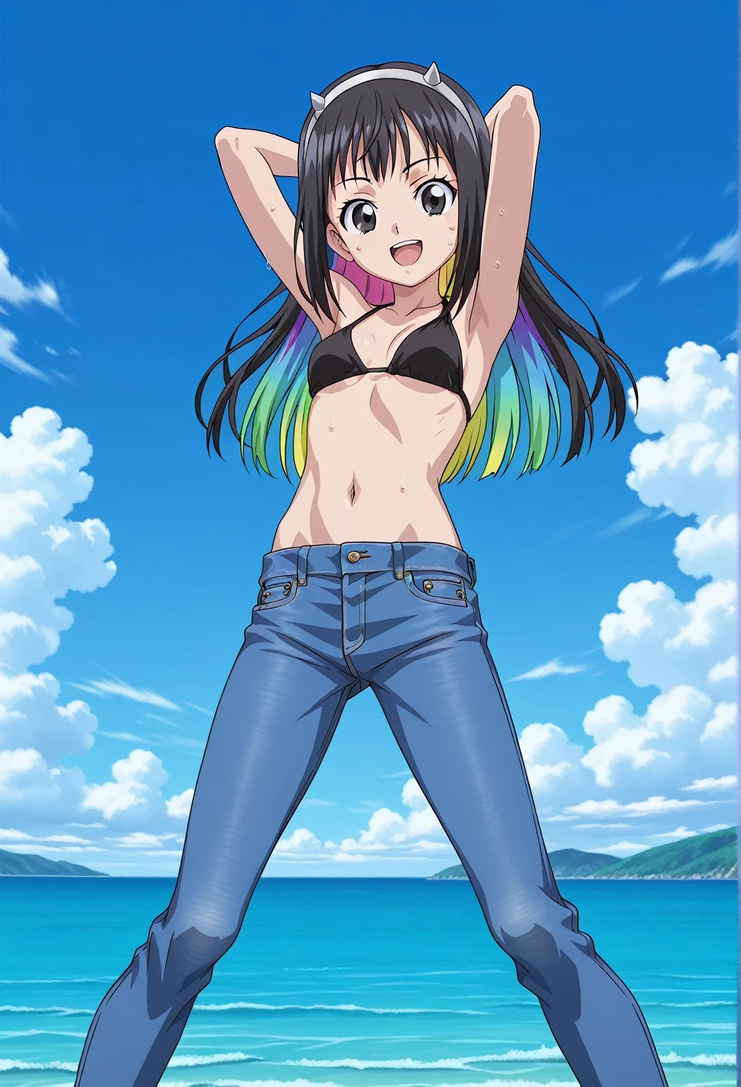 score_9, score_8_up, score_7_up, source_anime, highres, hi res, ((best quality, top quality, perfect quality, Highest Quality, amazing quality)), {{masterpiece}}, {{an extremely delicate and beautiful}}, 2d, intricate details, official style, anime, 8k, anime style, official_anime, official art, digital painting, cell shading, soft shading, high resolution, soothing tones, Subdued Color, Soft cinematic light, adobe lightroom, photolab, HDR, intricately and hyper-detailed, ((high quality animation)), 1 girl, Alone, solo, ((ocean)), tsunami, on the water, day, sunny, outdoors, sky, windy, Nanairo Multi, Beyblade X, black eyes, black hair, rainbow hair, multicolored hair, hairband, long hair, anime coloring, anime screencap, small breasts, black bikini top, best quality, hyper-detailed jeans, ((blue jeans:1.9)), (dark blue jeans:0.6), medium body, medium shot, Open mouth, small smile, sweat, standing, hyper-detailed arms, ((arms behind head:6.0)), ((perfect arm line:3.5)), ((hyper-detailed arms:2.5)), balance arm, raise elbows, bowlegged, natural stand pose, action, looking at viewer, spread legs, Bend knees slightly, from below