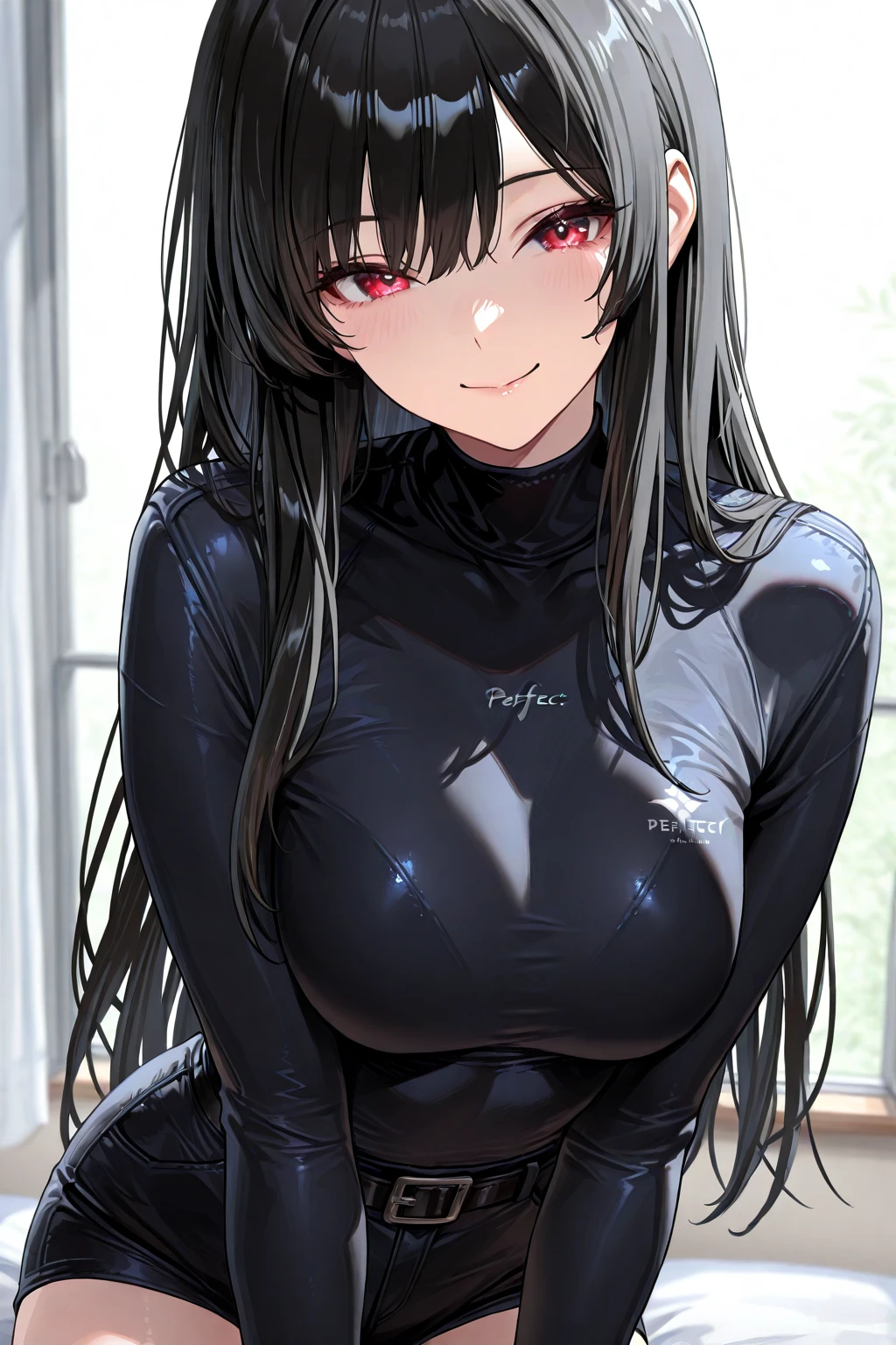 Adult woman, Long black hair, high ponytail, bunny ears, turquoise eyes, black skintight clothes, ssmile, Masterpiece, hiquality