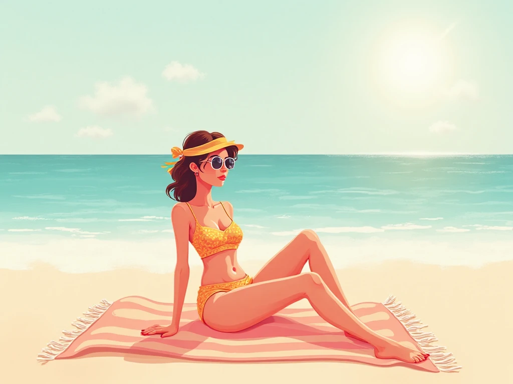 A  woman in a  on the beach Close-up of a person sitting in a chair in a dress，A minimalist painting，Inspired by Coles Phillips Phillips，tumblr，number art，Minimalist cartoon style，Dana Scully's animated Cel，rotoscoped，Minimalist illustration，digital art of an elegant，Digital illustration style，minimalist art，Mike judges art style，Minimalist illustration，Cartoon and simplistic --auto