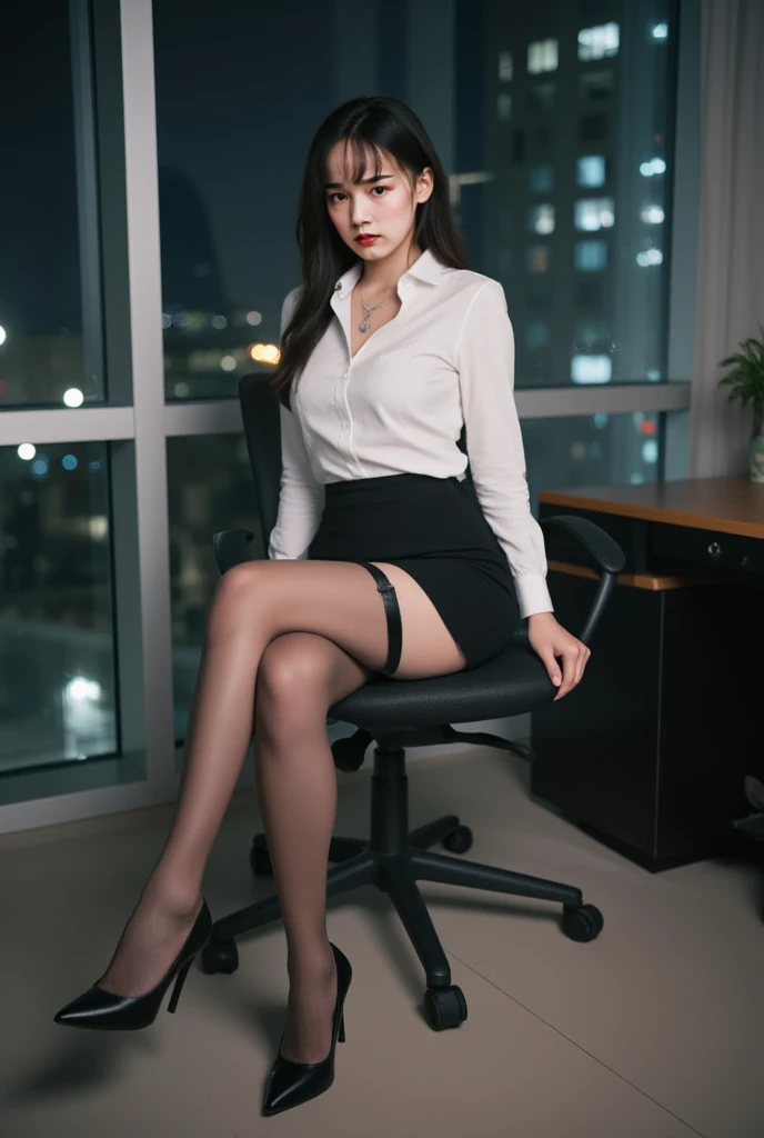 Submissive woman sitting on chair in white ??????????, Wearing pantyhose、Wearing a strict business suit, crossed legs, Bottom Angle, in a business suit, Office Clothes, Wearing a business suit, elegant legs, Wearing a business suit, in a strict suit, Japanese Models, raw,(8K、top-quality、​masterpiece:1.2)、(intricate detailes:1.4)、(Photorealsitic:1.4)、octane renderings、Complex 3D rendering ultra detail, Studio Soft Light, Rim Lights, vibrant detail, super detailing, realistic skin textures, Detail Face, Beautiful detail eyes, Very detailed CG Unity 16k wallpaper, make - up, (detailedbackground:1.2),shinny skin、Exposed thighs!!!