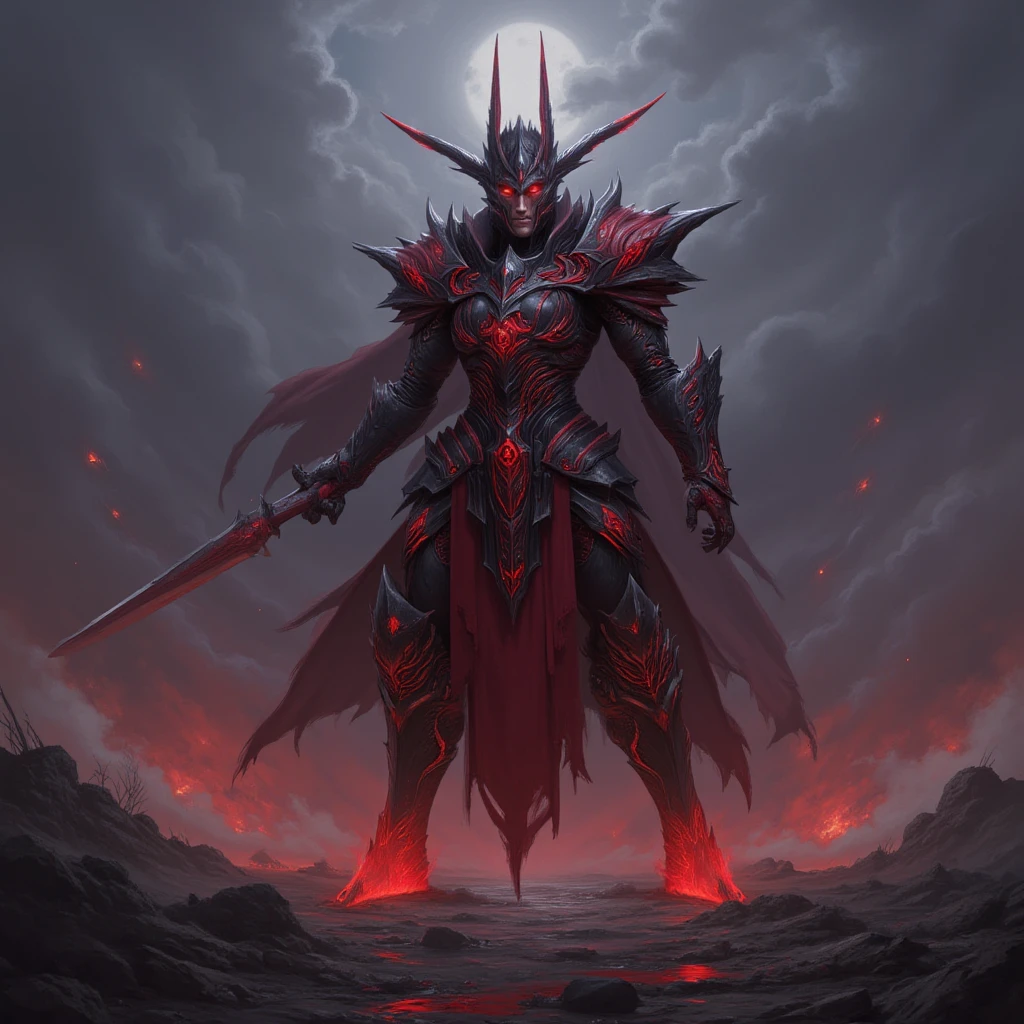 ((Masterpiece)), Optimal image quality, Highly realistic, High resolution 8k wallpaper, stick in hand, demon in shiny armor, cutting through the dark red light --auto --s2
