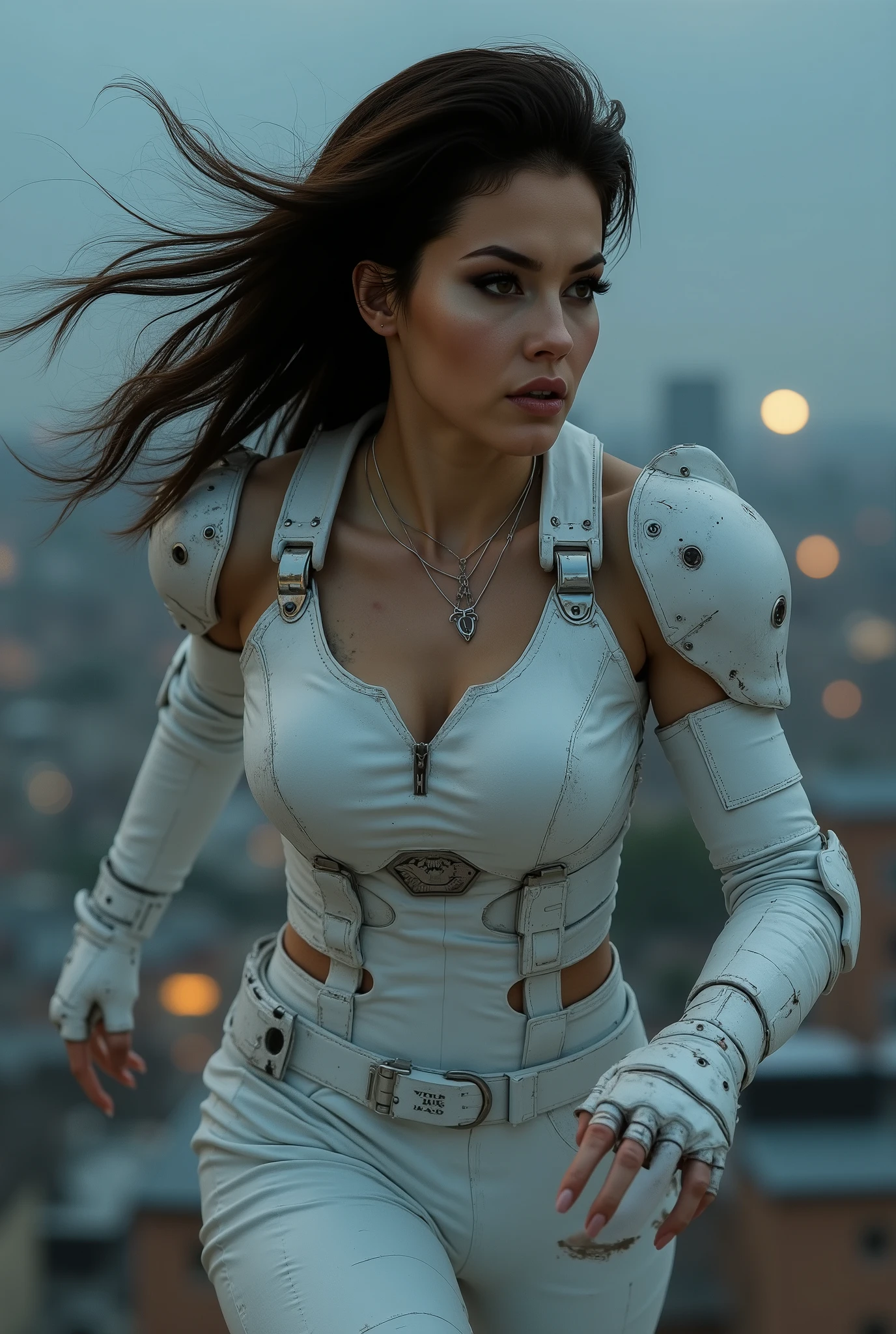 ((Woman with Perfect face & seductive expression & White cyberpunk dress & Full armor with pants & Ultra-detailed hazel eyes & Tall & Slender & Pale skin & Dark brown hair cascading down to your shoulders & Small bust & hourglass figure, detailed hands))|, She Is Running On The Rooftops, Dynamic adventurer Poses, Background Futuristic Night City,|