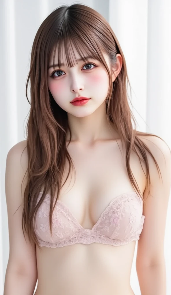 (on crowd night street, 1 girl, Embarrassed, nose blush, small breasts, medium long hair, white lace bra and panties, Spread legs, squatting:1.5), fair-skinned, glossy lips, skinny, body type, delicate and sexy clavicle, highest quality, RAW photo, realistic, face, incredibly ridiculous beautiful girl, cute, Depth of bounds written, High resolution, ultra detail, detailed, Very detailed, extremely detailed eye and face, sharp pupils, sharp focus, cinematic lighting