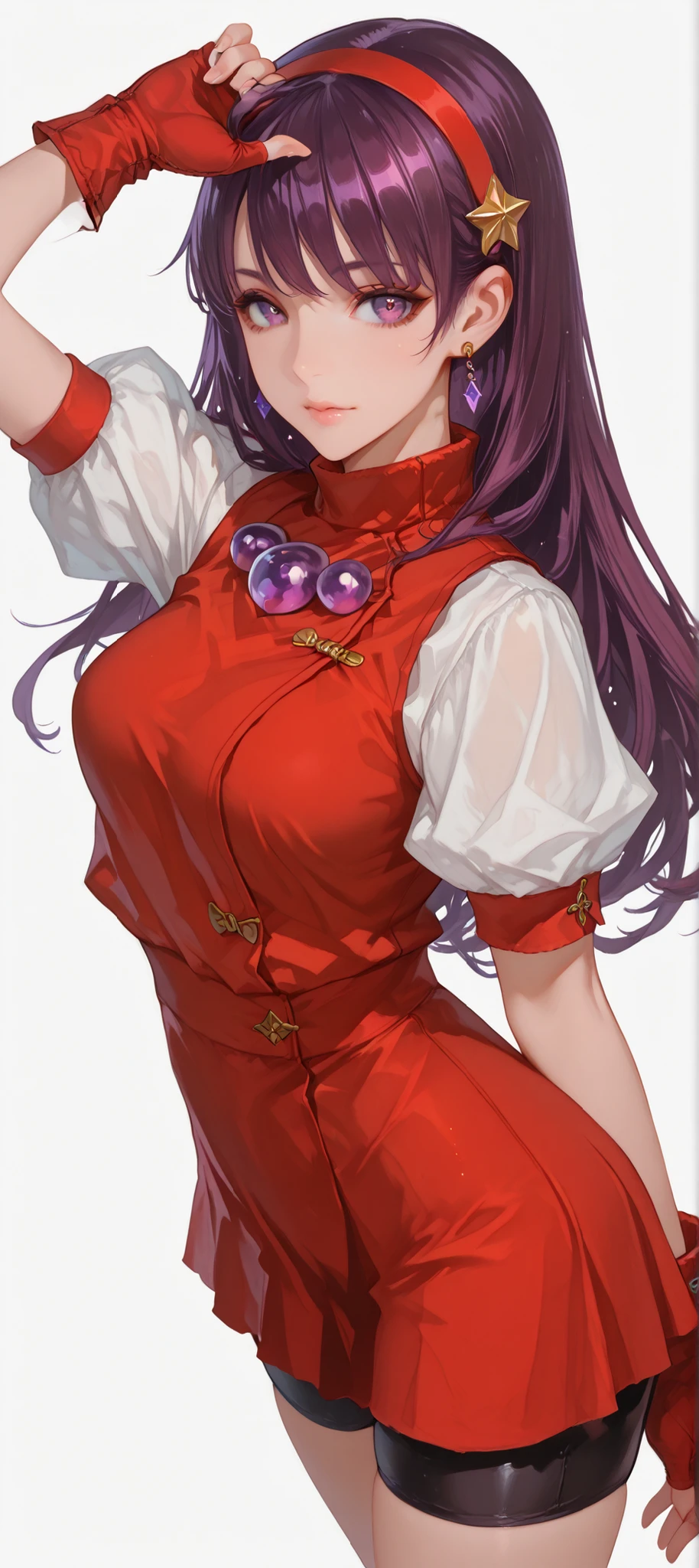 ( She doesn't look at the viewer )), ((Simple Background)), intricate details, High quality, aesthetic, ultra detailed, ((masterpiece, detailed:1.2), ((knee-deep dramatic image)), Fantasy eyes, medium breasts, body fit, soft curves, 1girl, asamiya athena, purple eyes, purple hair, long hair, red hairband, earrings, red vest, red skirt, bike shorts, gloves, red gloves, fingerless gloves, Casual Pose, better angle, side view,