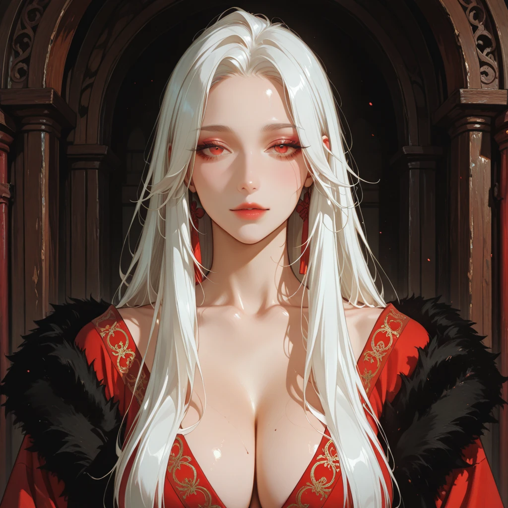 (score_9, score_8_up), score_7_up,1girl, long hair, breasts, hair ornament, dress, very long dress, flowy cape, cleavage, closed mouth, half closed eyes, upper body, white hair, small breasts, horns, black dress, lips, eyelashes, makeup, big hair, cleavage cutout, lipstick, pale skin, lace, headdress, red lips, pillar, retro
 <lora:nostalgia-000011:0.9>