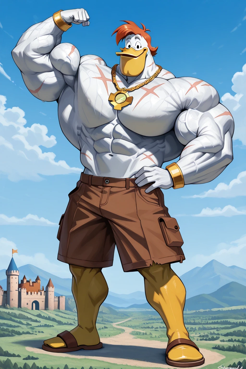 A giant barbarian muscular launchpad mcquack, white skin, duck, gigantic chin, score_9, score_8_up, score_7_up, score_6_up, best quality, highres, source_furry BREAK ppp BREAK (outdoors, sky and clouds, detailed background:1.2), blue sky background, fairytale fantasy scene, jack and the beanstalk story,
1boy, male, solo, duck, beak, launchpad mcquack, white skin, muscular body, golden armor, golden bracelets, golden necklaces, ripped dark brown shorts, black eyes, smile, happy, open beak with teeths, looking at viewer, hand on hip, flexing one arm, short hair, red hair, anthro, smile, furry, shirtless, showing muscles, ginomous biceps, enormous pectorals, detailed abs, scars, veins, giant size, macro size, 50-foot size, 100-feet tall, full body, yellow legs, brown sandals, castle behind, going down to the large beanstalk, saturaded colors palette.