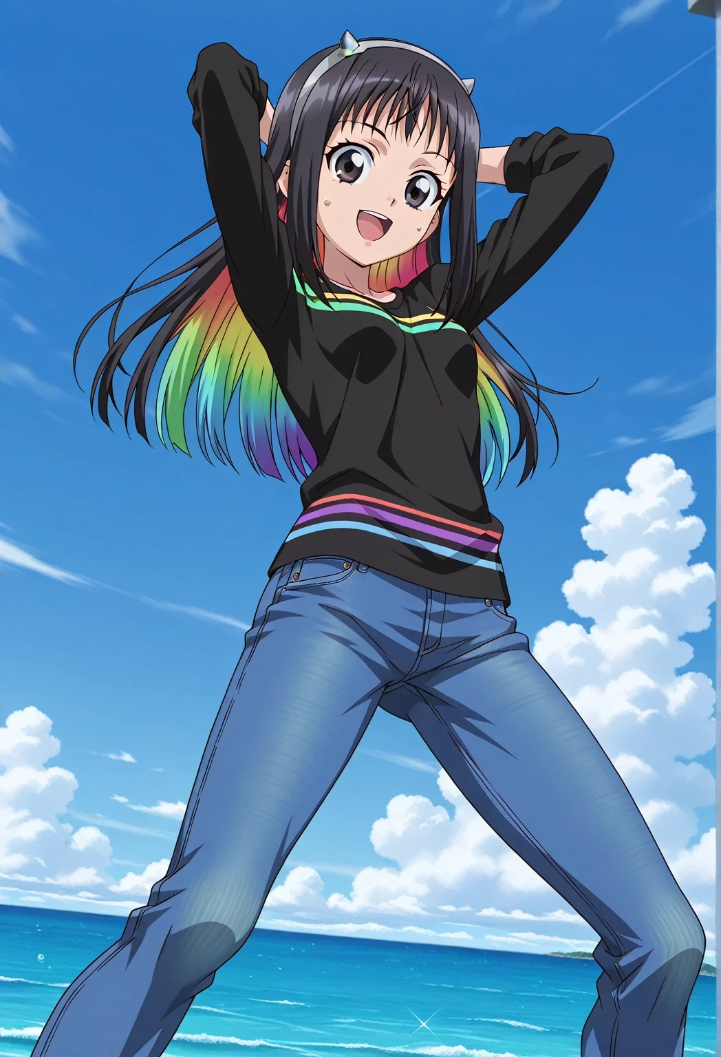 score_9, score_8_up, score_7_up, source_anime, highres, hi res, ((best quality, top quality, perfect quality, Highest Quality, amazing quality)), {{masterpiece}}, {{an extremely delicate and beautiful}}, 2d, intricate details, official style, anime, 8k, anime style, official_anime, official art, digital painting, cell shading, soft shading, high resolution, soothing tones, Subdued Color, Soft cinematic light, adobe lightroom, photolab, HDR, intricately and hyper-detailed, ((high quality animation)), 1 girl, Alone, solo, ((ocean)), tsunami, on the water, day, sunny, outdoors, sky, windy, Nanairo Multi, Beyblade X, black eyes, black hair, rainbow hair, multicolored hair, long hair, hairband, grey hairband, anime coloring, anime screencap, small breasts, black shirt, twin striped shirt, long sleeves, best quality, hyper-detailed jeans, ((blue jeans:1.9)), (dark blue jeans:0.6), medium body, medium shot, Open mouth, small smile, sweat, standing, hyper-detailed arms, ((arms behind head:6.0)), ((perfect arm line:3.5)), ((hyper-detailed arms:2.5)), balance arm, raise elbows, bowlegged, natural stand pose, action, looking at viewer, spread legs, Bend knees slightly, from below