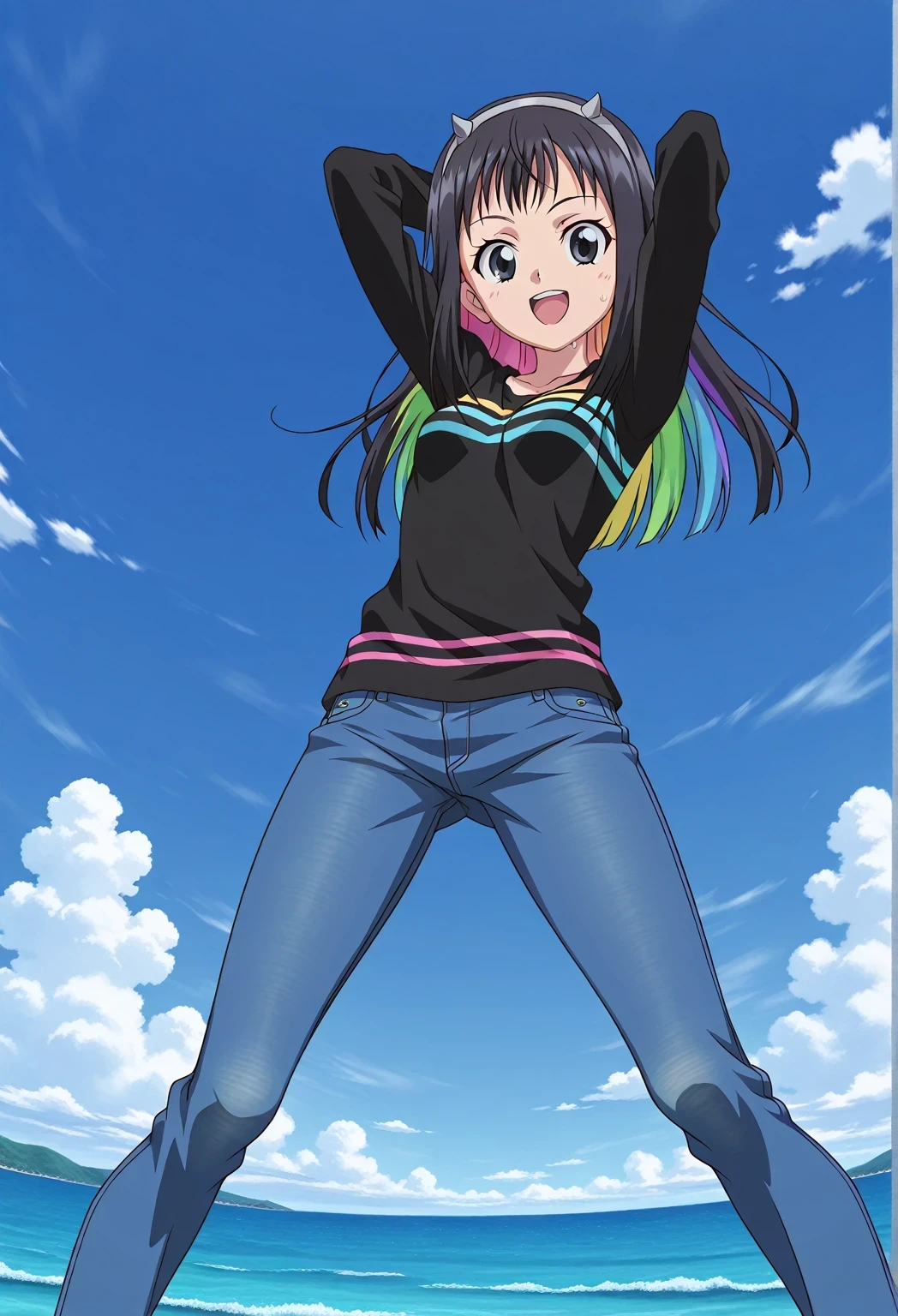 score_9, score_8_up, score_7_up, source_anime, highres, hi res, ((best quality, top quality, perfect quality, Highest Quality, amazing quality)), {{masterpiece}}, {{an extremely delicate and beautiful}}, 2d, intricate details, official style, anime, 8k, anime style, official_anime, official art, digital painting, cell shading, soft shading, high resolution, soothing tones, Subdued Color, Soft cinematic light, adobe lightroom, photolab, HDR, intricately and hyper-detailed, ((high quality animation)), 1 girl, Alone, solo, ((ocean)), tsunami, on the water, day, sunny, outdoors, sky, windy, Nanairo Multi, Beyblade X, black eyes, black hair, rainbow hair, multicolored hair, long hair, hairband, grey hairband, anime coloring, anime screencap, small breasts, black shirt, striped shirt, long sleeves, best quality, hyper-detailed jeans, ((blue jeans:1.9)), (dark blue jeans:0.6), medium body, medium shot, Open mouth, small smile, sweat, standing, hyper-detailed arms, ((arms behind head:6.0)), ((perfect arm line:3.5)), ((hyper-detailed arms:2.5)), balance arm, raise elbows, bowlegged, natural stand pose, action, looking at viewer, spread legs, Bend knees slightly, from below