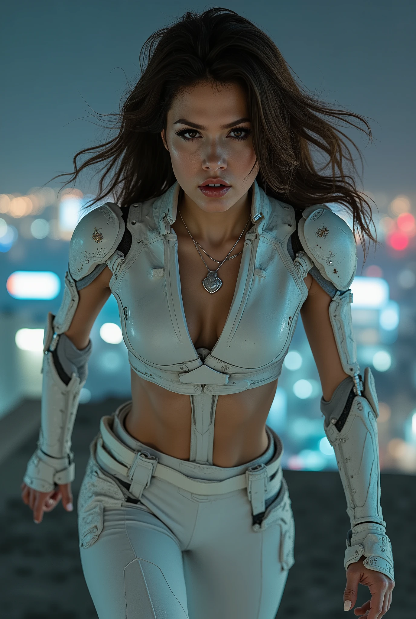 ((Woman with Perfect face & seductive expression & White cyberpunk dress & Full armor with pants & Ultra-detailed hazel eyes & Tall & Slender & Pale skin & Dark brown hair cascading down to your shoulders & Small bust & hourglass figure, detailed hands))|, She Is Running On The Rooftops, Dynamic adventurer Poses, Background Futuristic Night City,|