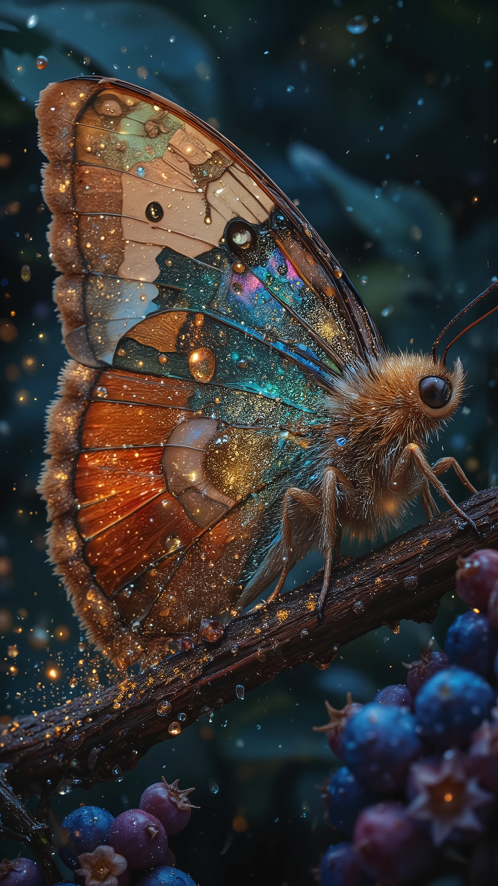 Ultra-realistic, hyper-detailed moth resting on a damp branch in a deep indigo forest. Its wings display a complex orange-to-blue gradient enriched with beautiful golden scales, each reflecting light with metallic brilliance. Every golden particle glitters with micro–specular highlights, creating a shimmering, iridescent dust-like texture across the wings. The golden fur on the thorax glows softly, while the long curved comb-shaped antennae catch subtle gold highlights. The background features dense dark-green leaves and clusters of blue and purple berries, with a humid atmosphere that enhances the floating, sparkling impression of golden scale dust. Extremely detailed textures, metallic reflections, deep shadows, and ultra–high-resolution photorealism with a mystical tone.
by gustavklimt,Vivid vibrant color style,Art by Akiya Kageichi,water droplets create a wet water effect,