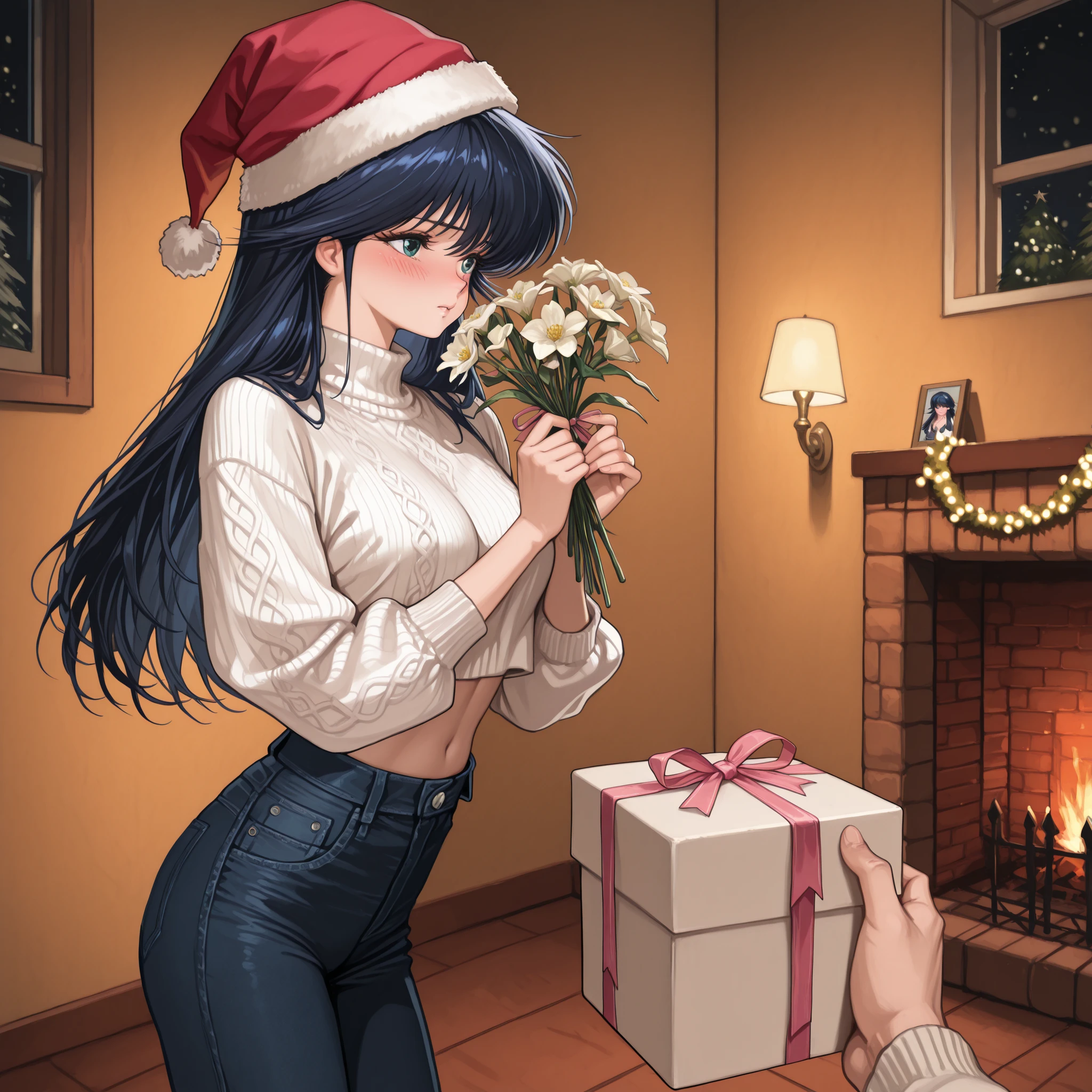 PovGifting, pov hands, holding flowers, flower,(ayukawa madoka),supprised, (blush),{{masterpiece}}, {{{Highest Quality}}}, {{Super Detailed}}, {{illustration}}, beautiful details,wonderful,Precise Details,very awa,dark blue hair,busty,
white sweater,crop top,skinny jeans,Santa's cap,present box,white box with pink ribbon,ornaments,christmas lights,in beautiful room,houseplants,wall lamp,picture,window,fireplace,