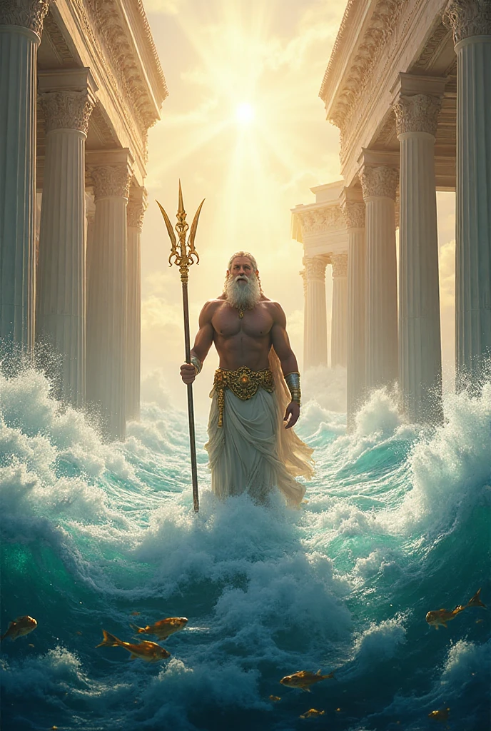 Zeus on a cloud and throwing lightning towards the earth where Hercules, Achilles, Ades, Perseus, Hermes, Kratos and Thor are.  Inside the waters is Poseidon with his trident in hand