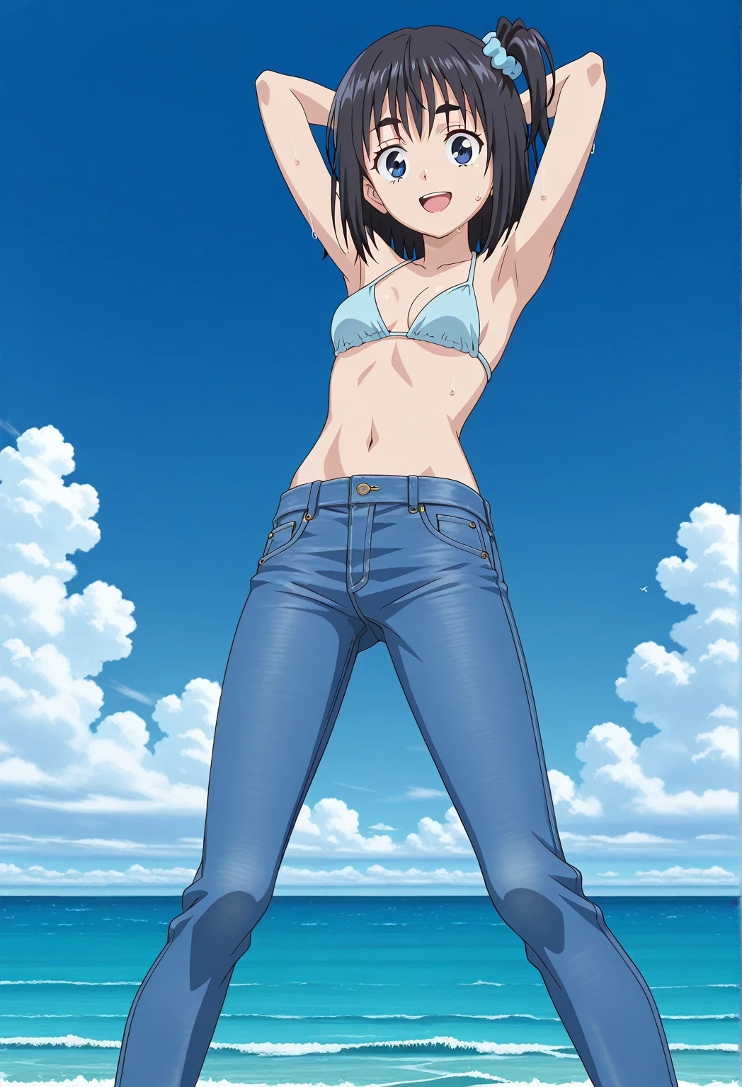 score_9, score_8_up, score_7_up, source_anime, highres, hi res, ((best quality, top quality, perfect quality, Highest Quality, amazing quality)), {{masterpiece}}, {{an extremely delicate and beautiful}}, 2d, intricate details, official style, anime, 8k, anime style, official_anime, official art, digital painting, cell shading, soft shading, high resolution, soothing tones, Subdued Color, Soft cinematic light, adobe lightroom, photolab, HDR, intricately and hyper-detailed, ((high quality animation)), 1 girl, Alone, solo, ((ocean)), tsunami, on the water, day, sunny, outdoors, sky, windy, satsuki amamiya, Mono, short hair, blue eyes, black hair, hair ornament, one side up, thick eyebrows, scrunchie, hair scrunchie, blue scrunchie, anime coloring, anime screencap, small breasts, light blue bikini top, best quality, hyper-detailed jeans, ((blue jeans:1.9)), (dark blue jeans:0.6), medium body, medium shot, Open mouth, small smile, sweat, standing, hyper-detailed arms, ((arms behind head:6.0)), ((perfect arm line:3.5)), ((hyper-detailed arms:2.5)), balance arm, raise elbows, bowlegged, natural stand pose, action, looking at viewer, spread legs, Bend knees slightly, from below