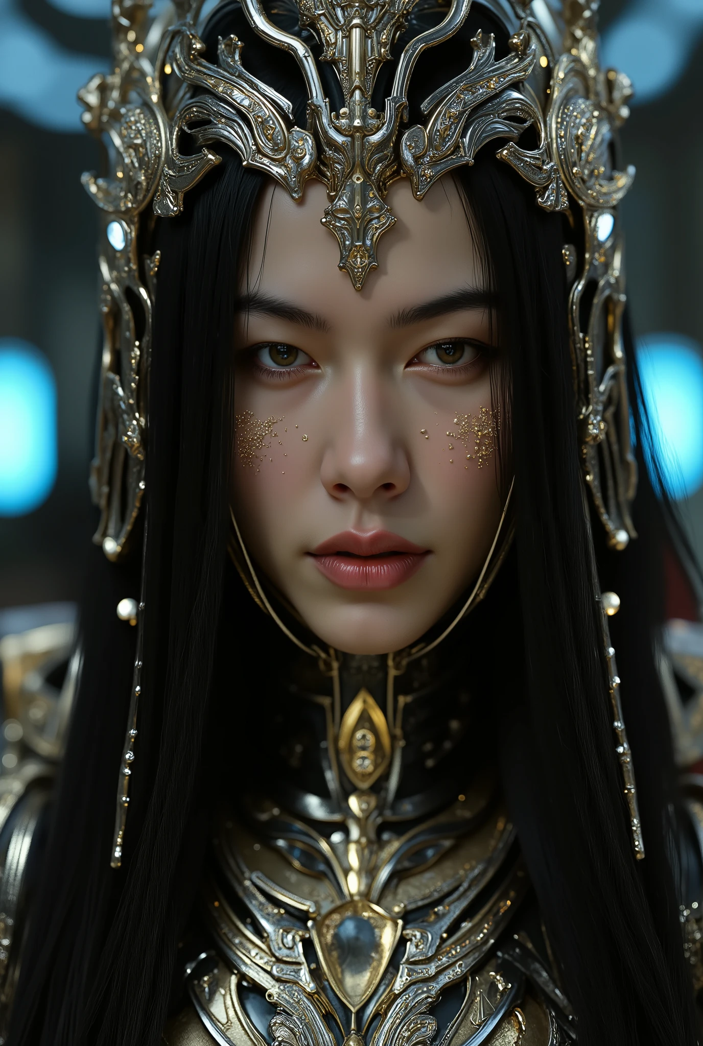 A photo-realistic digital illustration shoot from a close-up camera angle about a futuristic, cyberpunk female character with intricate, metallic and robotic features. the image also shows a young woman, who appears to be in her early twenties, with pale skin, looking directly at the viewer with a serious expression. she has long, flowing black hair and is wearing a black and gold, intricately designed helmet with a visor. her face is covered in intricate, glowing, metallic patterns, and she has a slim body. the background is a blurred, futuristic setting with blue and neon lights, giving the image a sci-fi and cyberpunk aesthetic. the woman is positioned in the middle of the image, with her upper body visible, and her eyes are focused on the viewer. the overall mood is intense and captivating, with a focus on the intricate details of her face and the futuristic design of her helmet.