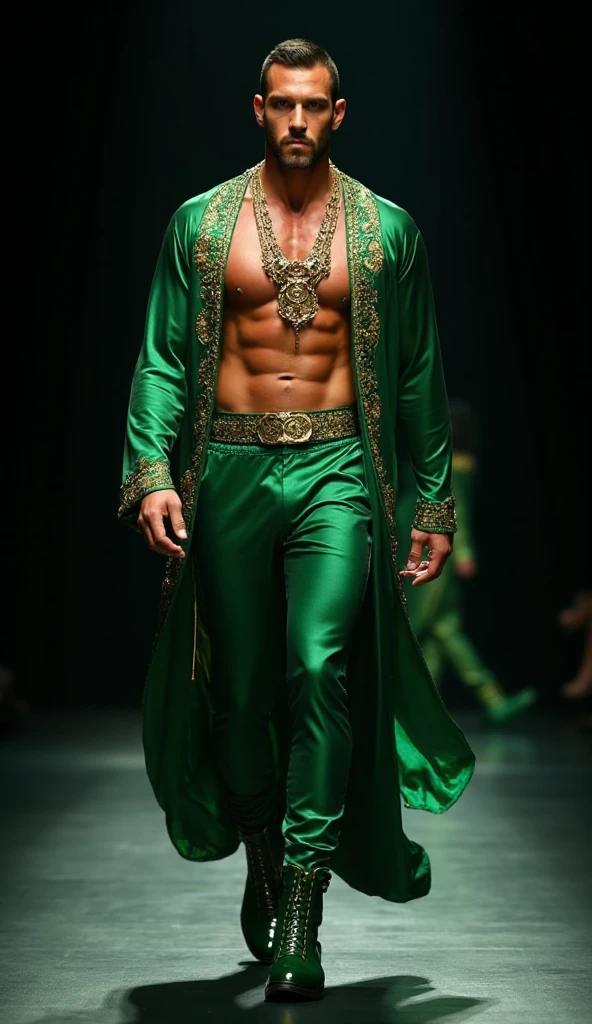 character portrait painting in an action hero style, side-front view of a  muscular hero with bodybuilder physique, upper body, handsome pale French aged 45, short dark hair, long shot, facing the viewer, human good male monk, in Arabian Nights costume, standing in a relaxed pose,  elaborate sheer teal kimono-style dress, shades of cream and gold, a magical symbol woven in golden thread into sheer clothing, dynamic pose, action hero, intricate and detailed drawing