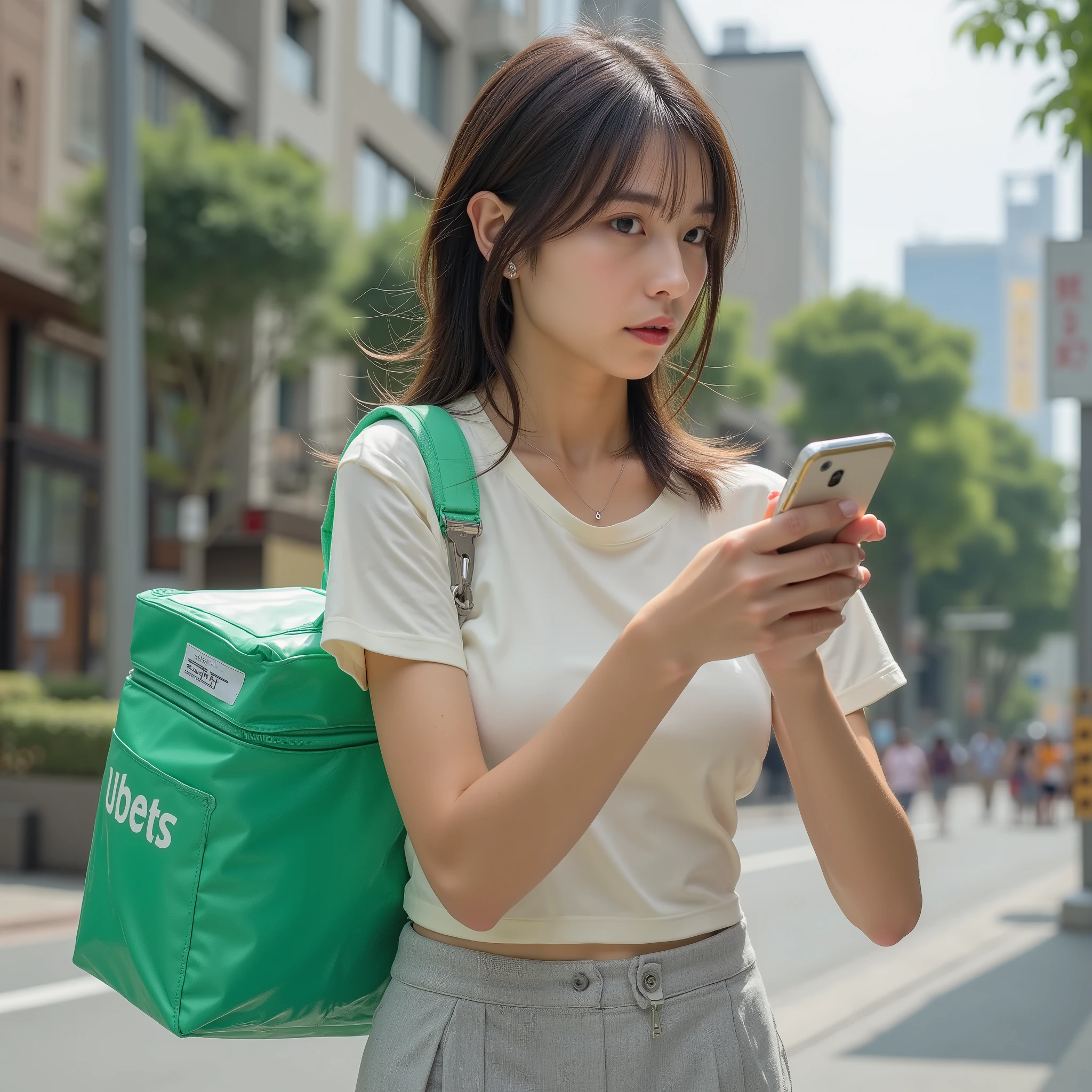 a midsummer afternoon、Top popular Japanese people who deliver Uber Eats idols、On the lips、side view of her running、carrying a green insulated bag、Running to delivery destination、 Full-body shot from head to toe、beautiful makeup and slim figure, thin body、hair slightly disheveled due to fatigue and heat、confirm next delivery destination with smartphone、flared skirt, Accurate limbs, hands, and 5 fingers based on perfect human anatomy、Detailed and accurate depiction of a hand grabbing a smartphone、Tokyo summer street in the background、F cup chest、super clear focus、serious expression that doesn't seem like an idol、realistic atmosphere capturing summer heat、street snap style configuration、 Dramatic Lighting