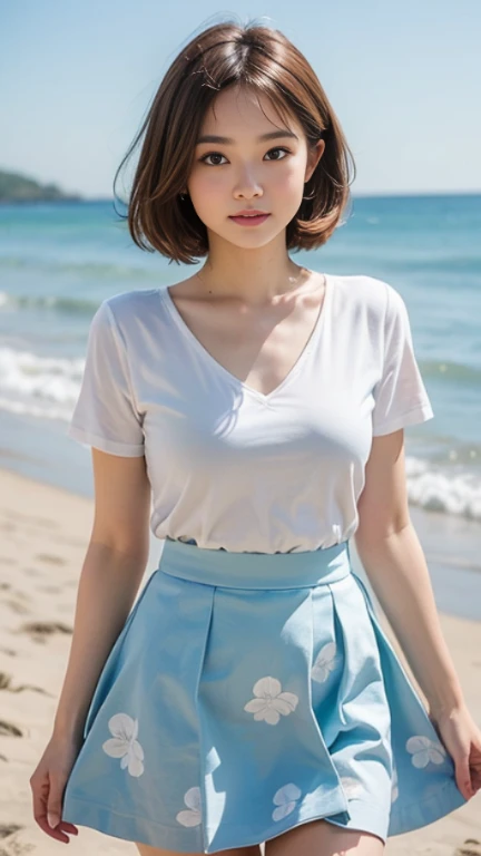 Sunburn marks on tanned skin、blush、Blonde twin tail hair,A cute 17-year-old girl with a cute look, A strong wind blows my hair in front of my face、Beautiful big sparkling eyes, Cute eyes hidden by long bangs、Yawn、No visible nasolabial folds、A short, light-colored 、A summer shirt with cute colorful patterns、Korean Beauty、Cheeks