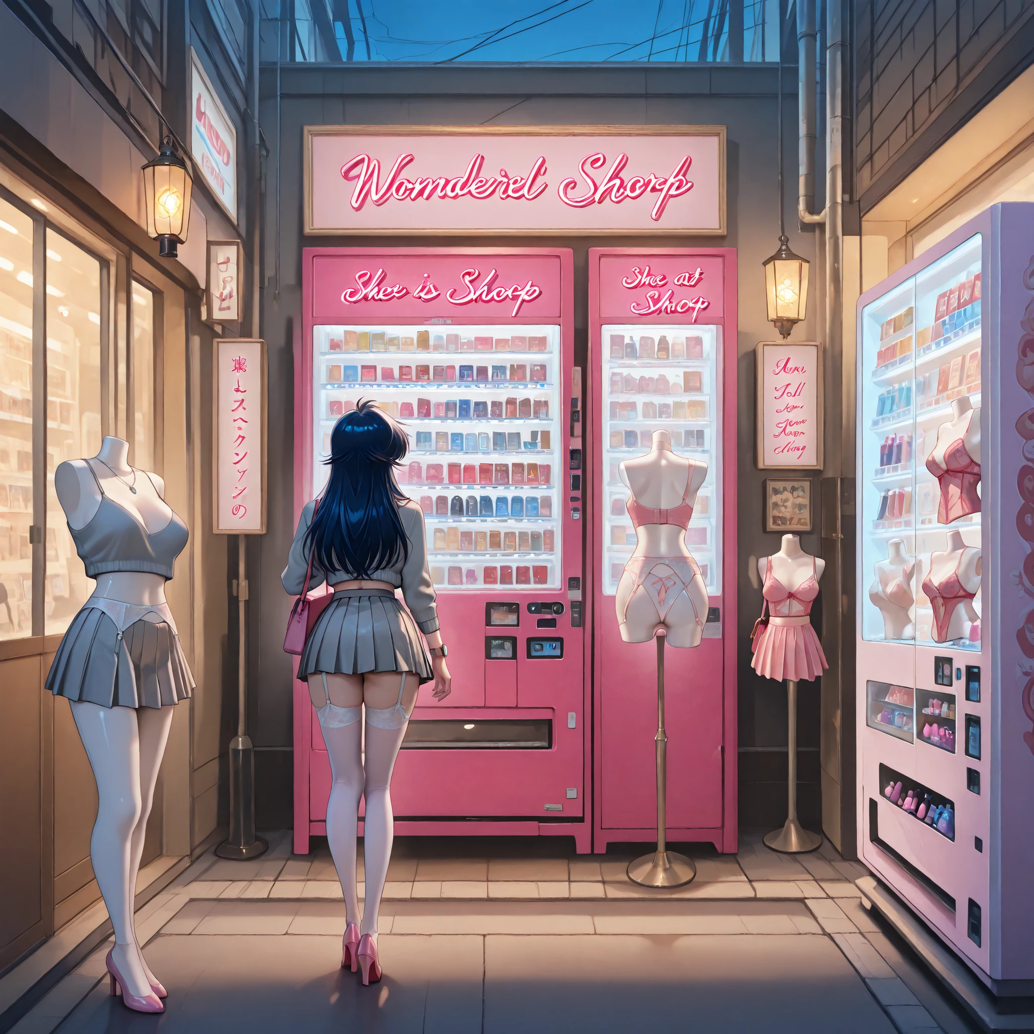 ruanyi0727,outdoors,alley,vending machine,lantern,storefront,utility pole,(ayukawa madoka),{{1girl}},{{masterpiece}}, {{{Highest Quality}}}, {{Super Detailed}}, {{illustration}}, beautiful details after the first,{{ Color Difference}}, {{caustic}},depth of field,wonderful,Precise Details,dark blue hair,big breasts,watch,silver earrings,silver necklace,gray sweater,crop top,gray micro mini skirt,pleated skirt,white garter belt stockings,pink high heels,pink shoulder bag,full body shot,go shopping,viewed from below,((viewed from back)),(blush),(punting face) ,she is at the entrance of shop,shop door,along the street, sex toy shop, sex toy,mannequin, lingerie,advertisement,pink signboard,neon,show window,at shopping street,road,night