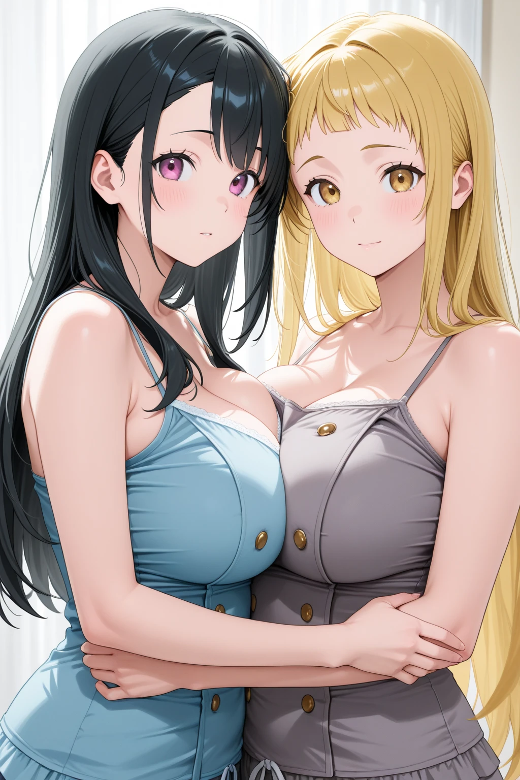 realistic, 2 girls, selfie, look up, face extra large zoom, breast extra large zoom, cleavage enhancement, mouth wide open, tongue out, sit on bed, (covered ), (camisole), (shorts), (dolphin shorts)