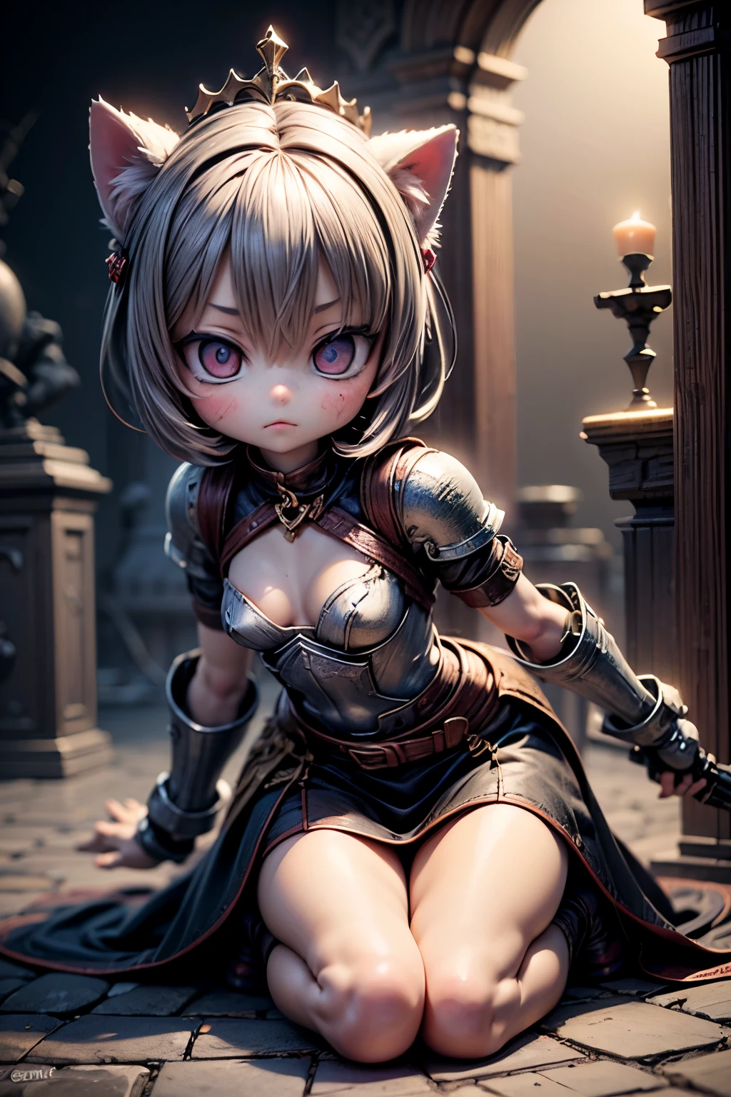 High Resolution, 8K Wallpaper, top quality, A female knight with cute characteristics is in perfect combat position, small The crown of protection enhances preparation for battle short, furry hair, with big expressive eyes、shows a combination of determination and natural sweetness, (detailed eyes:1.2), (sharp eye:1.1), with small battle wounds on her cheeks、round face that looks rather attractive, (Smooth Skin:1.1), (glossy skin:1.2), Wears superbly crafted armor with cute customizations such as small cat shoulder rests and heart-shaped chainmail, In an ancient ceremonial room,、performs brilliantly coordinated attacks with followers of magic, her magic sword emits purifying light、fights within a mysterious circle and magical device, that looks rather attractive、dramatic lighting effects that highlight her adorable features, An underground dungeon environment where traces of long-term battles and components of destroyed ceremonies can be seen, A perfect cooperative moment of combat where tactical intelligence is hidden behind her adorable appearance
