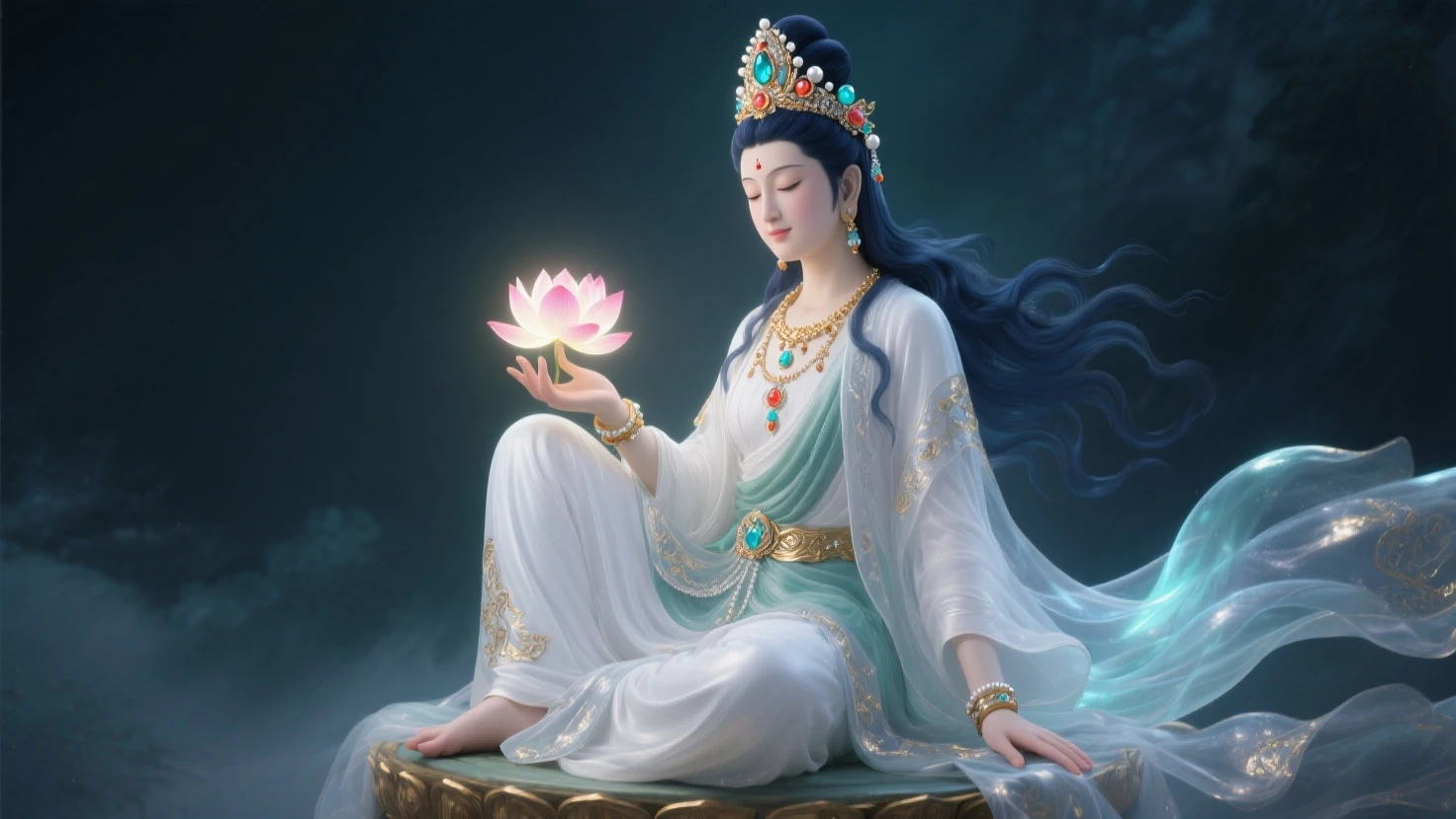 A woman sitting in lotus position with her hands clasped in front of ...