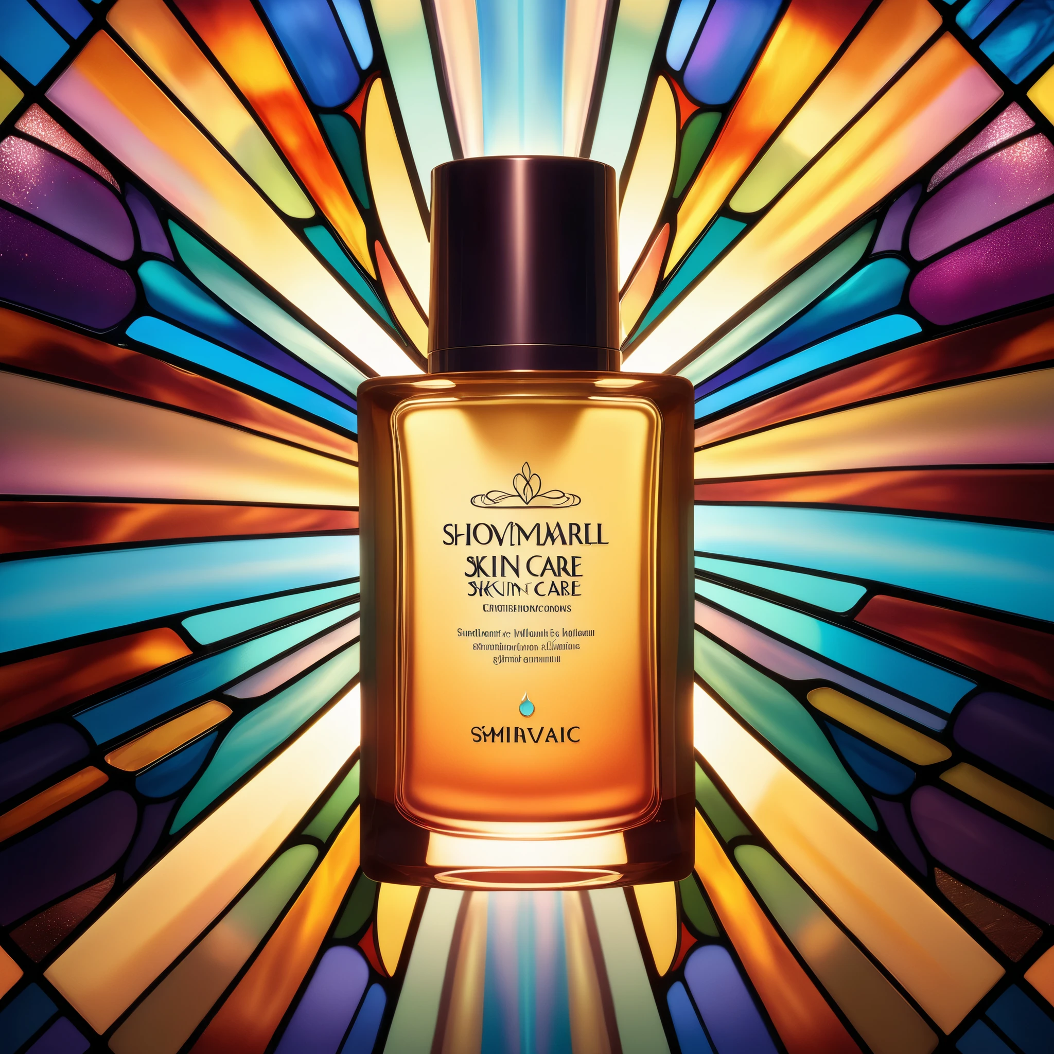 Stained-glass style illustration of a floating ((Skin Care)), centered in the image, appearing to hover in mid air. The ((Skin Care)) is meticulously rendered in warm-toned shades, featuring mosaic-like details and vivid artistic effects. The background is a luminous stained-glass wall only (no floor visible), designed with both horizontal and vertical symmetry, featuring geometric and organic patterns radiating a cool-toned glow. Soft sunlight filters through the symmetrical glass, creating a warm, ethereal glow.