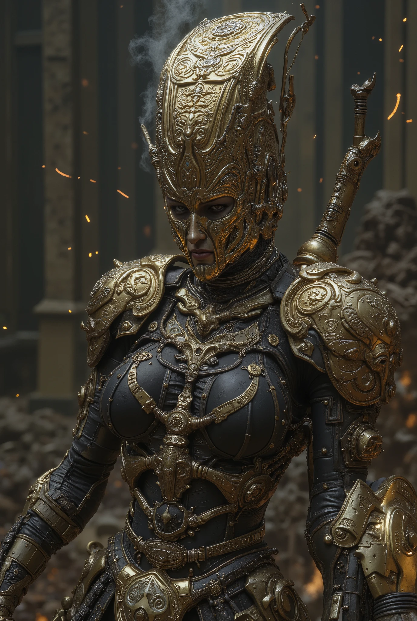 female warriors appearing in the cyberpunk worldview。彼の体は人間とOf the machine融合体です、some are integrated with weapons。many wires can be seen on the neck、symbols and numbers engraved on the sides of my forehead and body、exquisitely crafted armor parts、there are tubes and steam there、sparks are floating in the sky、these are electronic ornaments、has a mohair head、40% All humans、40% Of the machine、and 20% full body image of my threatening gaze and battle poses。Powerful、exquisitely crafted armor parts、finely crafted combat poses、he tilts his neck、staring at me in a threatening position、 x} I'm posing like a bodybuilder 、 above knee photo