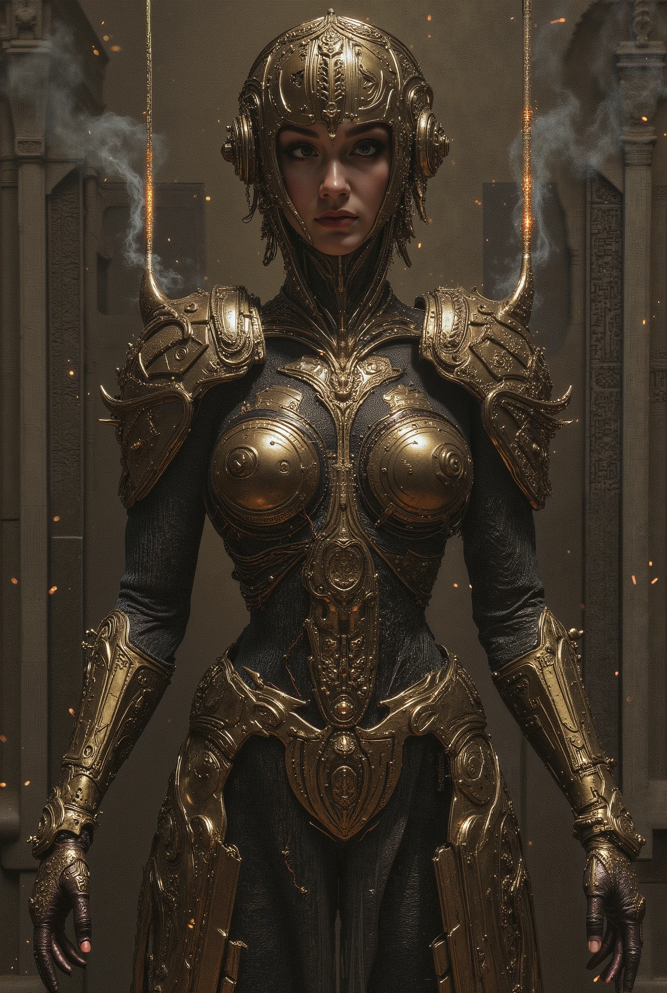 female warriors appearing in the cyberpunk worldview。彼の体は人間とOf the machine融合体です、some are integrated with weapons。many wires can be seen on the neck、symbols and numbers engraved on the sides of my forehead and body、exquisitely crafted armor parts、there are tubes and steam there、sparks are floating in the sky、these are electronic ornaments、has a mohair head、40% All humans、40% Of the machine、and 20% full body image of my threatening gaze and battle poses。Powerful、exquisitely crafted armor parts、finely crafted combat poses、he tilts his neck、staring at me in a threatening position、 x} I'm posing like a bodybuilder 、 above knee photo