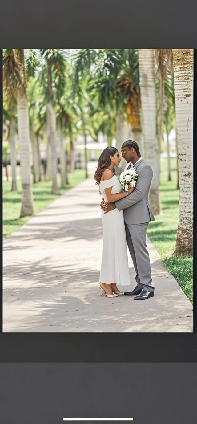 A brunette white Woman wearing a mini bodycon dress standing with a buff 32-year-old Black man wearing an elegant slim fitted business suit,in garden,in front of camera. Hyper detailed image super high quality detailed image, hyper realistically image,8k camera,