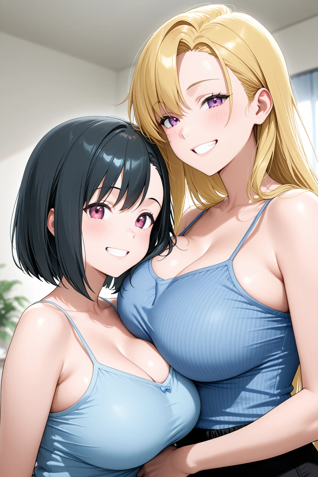 2 women, Older women, A couple, two women together, passion, beautiful, their breasts match, hearts around, blushing, mischievous smile, _The tattoo,Heart tattoo on the lower abdomen... heart-shaped pupil)), 