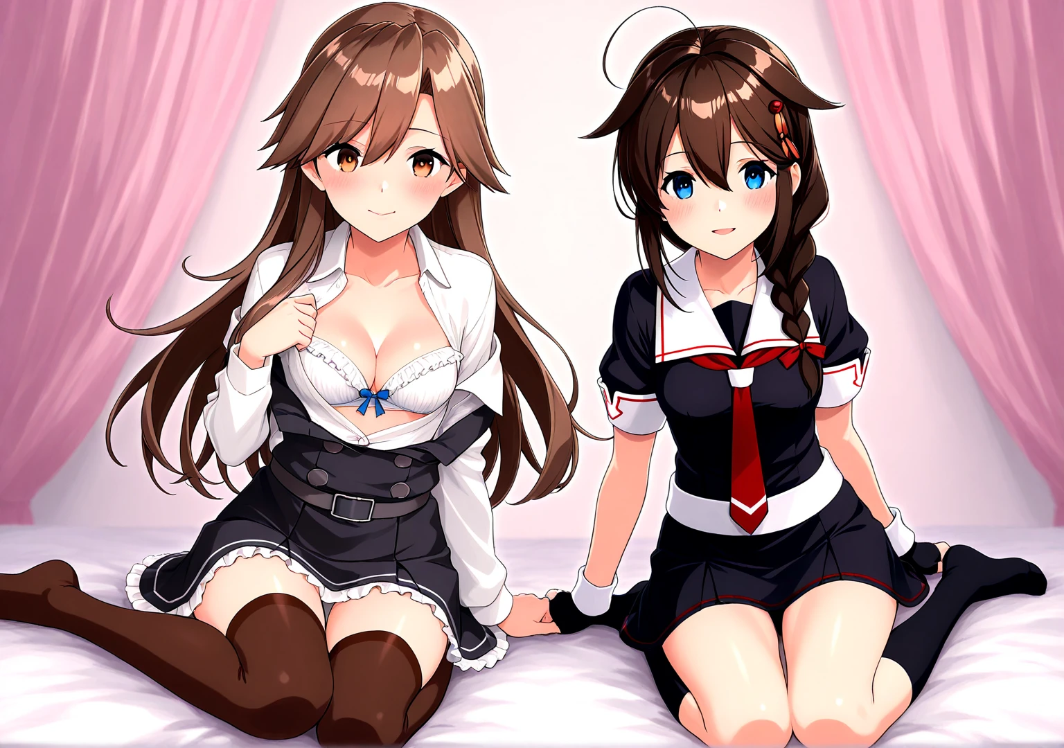 (2 young girls with long hair, Beautiful face and eyes and eyeliner,A delicate little face, pink eyes, Charming smile, (Maid cafe outfit with frilly, Sheer pleated mini skirt:1.5), Skirt turned inside out,(Transparent maid cafe costume with large open ??????? and hollow:1.2), ???? transparent ?????????,????????? exposed,Show belly button, Revealing ???? transparent white panties (very pretty girl), brown hair, Fashion hair accessories quality:1.4), (Extremely detailed),Pendants and earrings、 (Extremely detailed CG unified 8k wallpaper), Very detailed, High-resolution original color photos, Professional photography, Depth of Field, (Lying in bed)