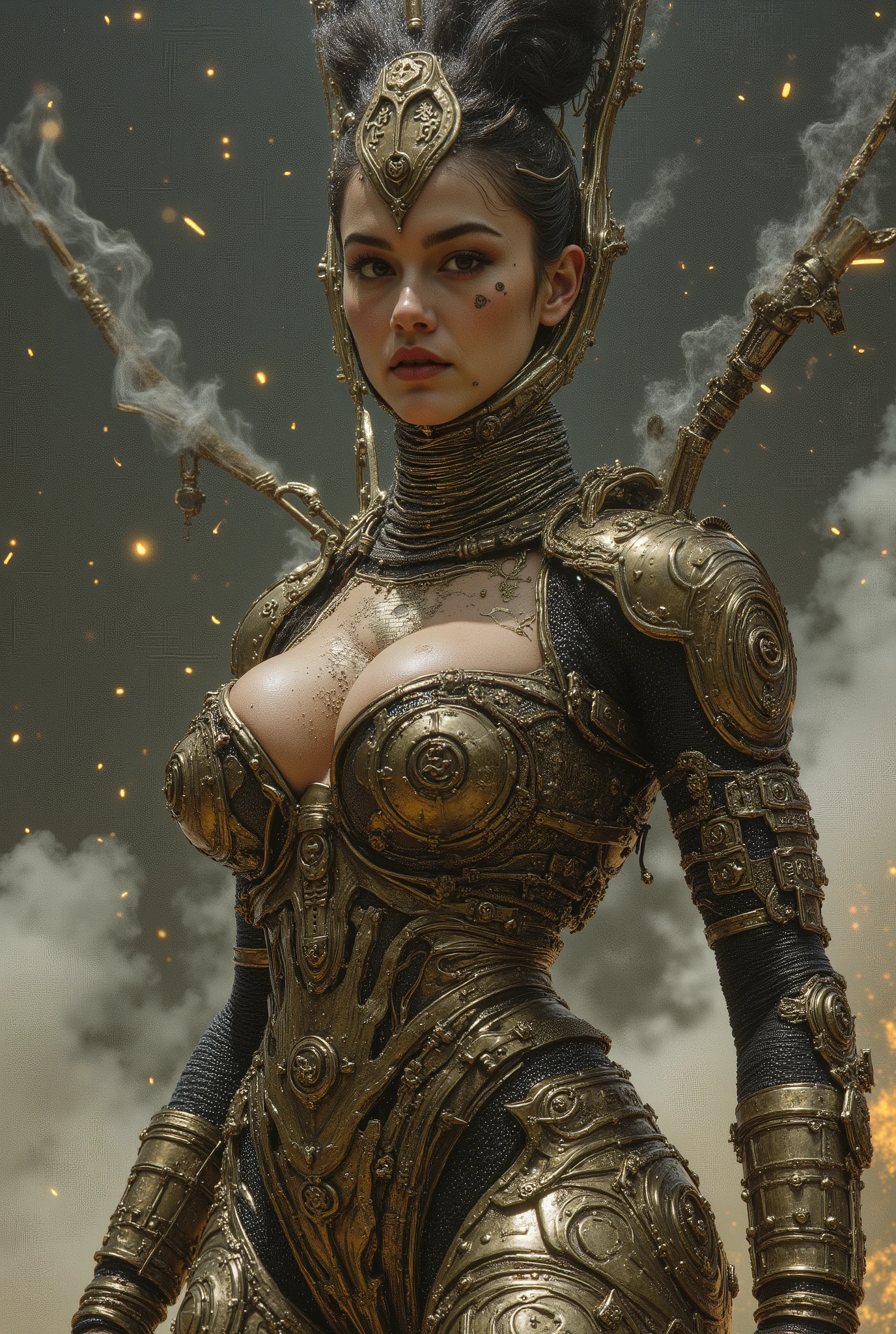 female warriors appearing in the cyberpunk worldview。彼の体は人間とOf the machine融合体です、some are integrated with weapons。many wires can be seen on the neck、symbols and numbers engraved on the sides of my forehead and body、exquisitely crafted armor parts and silver shield bra on her (SFW ) 、there are tubes and steam there、sparks are floating in the sky、these are electronic ornaments、has a mohair head、40% All humans、40% Of the machine、and 20% full body image of my threatening gaze and battle poses。Powerful、exquisitely crafted armor parts、finely crafted combat poses、he tilts his neck、staring at me in a threatening position、 x} I'm posing like a bodybuilder 、 above knee photo