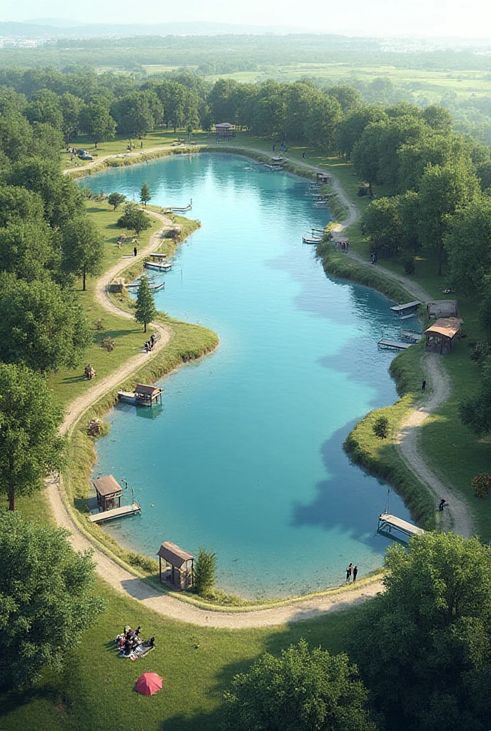 There are tents and fishing poles on the river bank