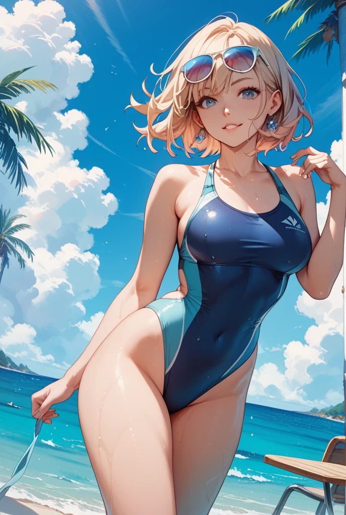 tropical island, beach, palm trees, ocean, beach ball, sand, sky, clouds, sun, sun light, (masterpiece), best quality, 8k, 4k, hd, hires, best quality, masterpiece, ultra-high detailed, hyper-detailed, intricate details, photo-realistic, beautiful details, studio lighting, detailed clothing, highly textured clothing, satin lighting, hyper resolution, insanely detailed, young woman, fit body, slender arms, nice thighs, two piece swimsuit, 2piece