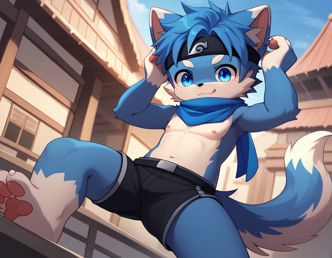 shota,white backhoe,light blue white tiger pattern,long white tiger tail,yellow left eye,light blue right eye,blue eyebrows,Light blue hair,Long hair,white bandage on left arm,white bandage on right arm,serious look,nsfw,gay,nudity,a little angry,Exposing,genitalia,Erection,sweat flow,Oral sex,Pella,licking with mouth