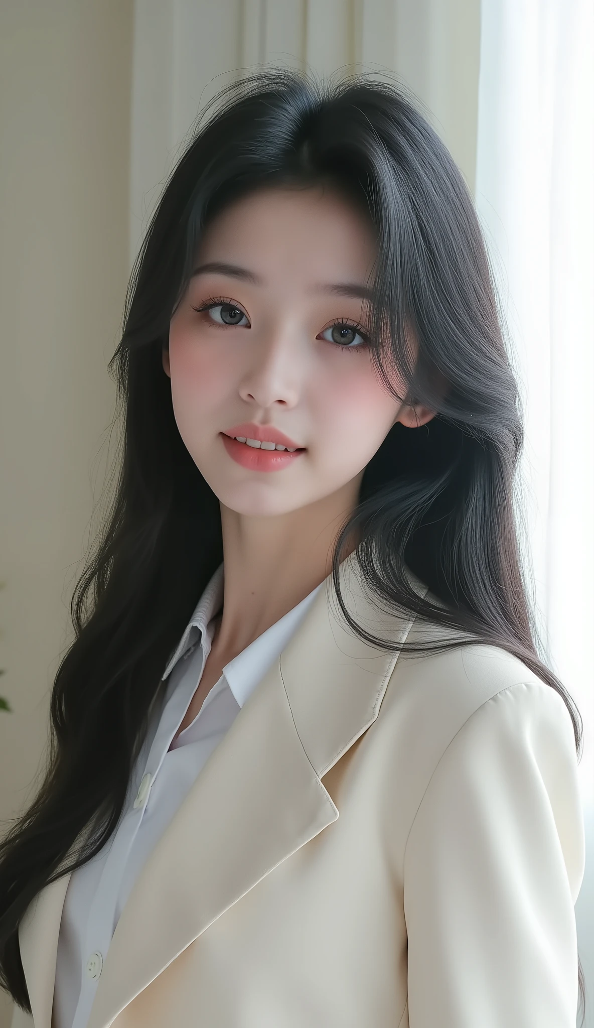 8k, ultra high resolution , top quality, masterpiece,rule of thirds,golden ratio, surreal, photos, one woman,( girl:1.3), cute, cute顔, Beautiful Eyes in Every Detail , 細かく Details, Mature Women, princess,full body,smile, black hair,Shag hair,ID photo, luxurious and beautiful ,(A 16-year-old famous Japanese idol girl ), (( wears a uniform that looks like a Japanese high school student with a white shirt, blazer, and skirt)), ((( loafers while going to school))), ((( She has an ecstatic expression ))), very delicate expression , delicate eye description,, Healthy Body , (( 1 female)), Height: 160cm, (( thin thighs)) ,( thin waist:1.4)、( Beautiful :1.4), pink lips, profile,((( ideal figure))),Small bust, A cup :2,、 portraits:2、 perfect anatomy 、鮮明な Details、 Details, thin lips,Perfect and beautiful face ,完璧で cute顔, Meticulous Skin , Perfect Limbs 、 thin waist, surreal,Light and Dark, fashion magazine cover,glowing