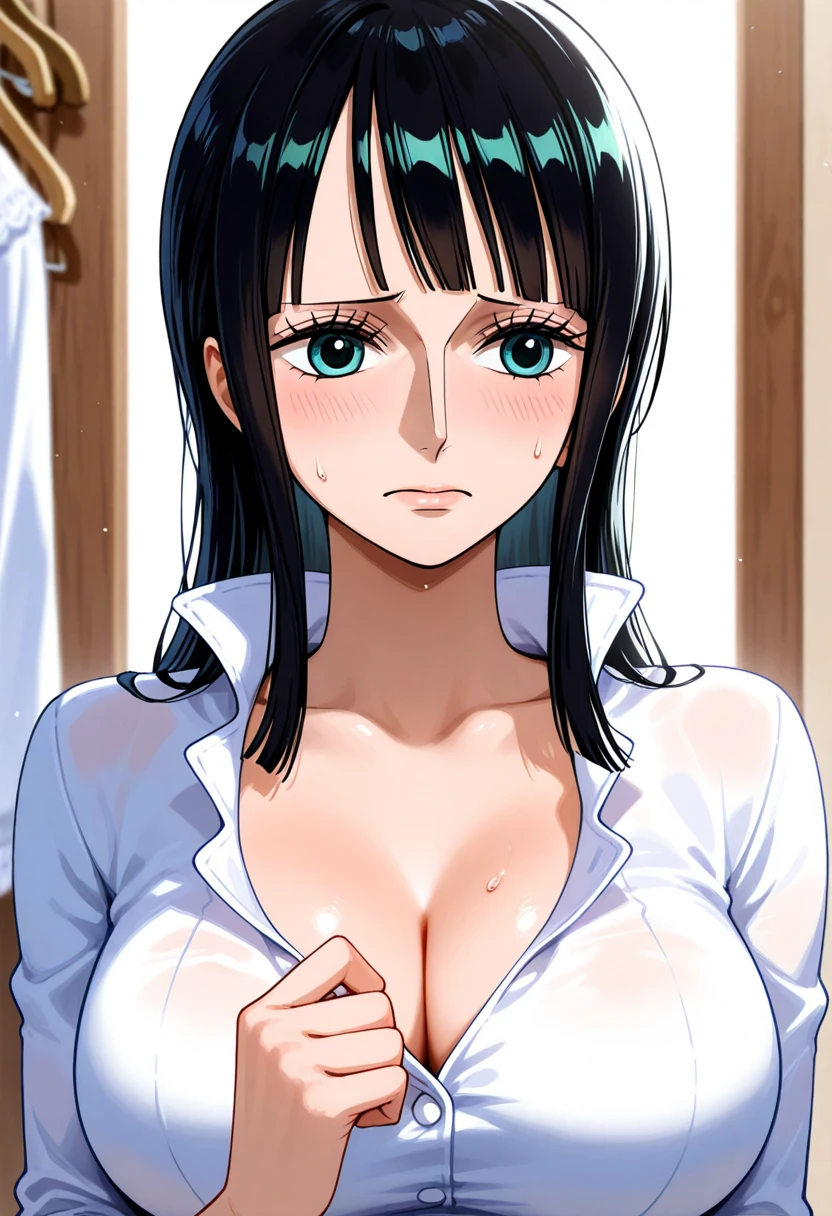 (Highest quality)　whole body　Nico Robin from One Piece, Long black hair, blue eyes, Dark, wide pupils, Blushing, Big Breasts,  Wearing a white shirt, Sit on the bed ,  Showing her 　Beautiful 　Beautiful breasts　Cleavage Emphasis　((1 boy, pov hands, grab breasts))  (Beautiful pubic hair) 　lure　